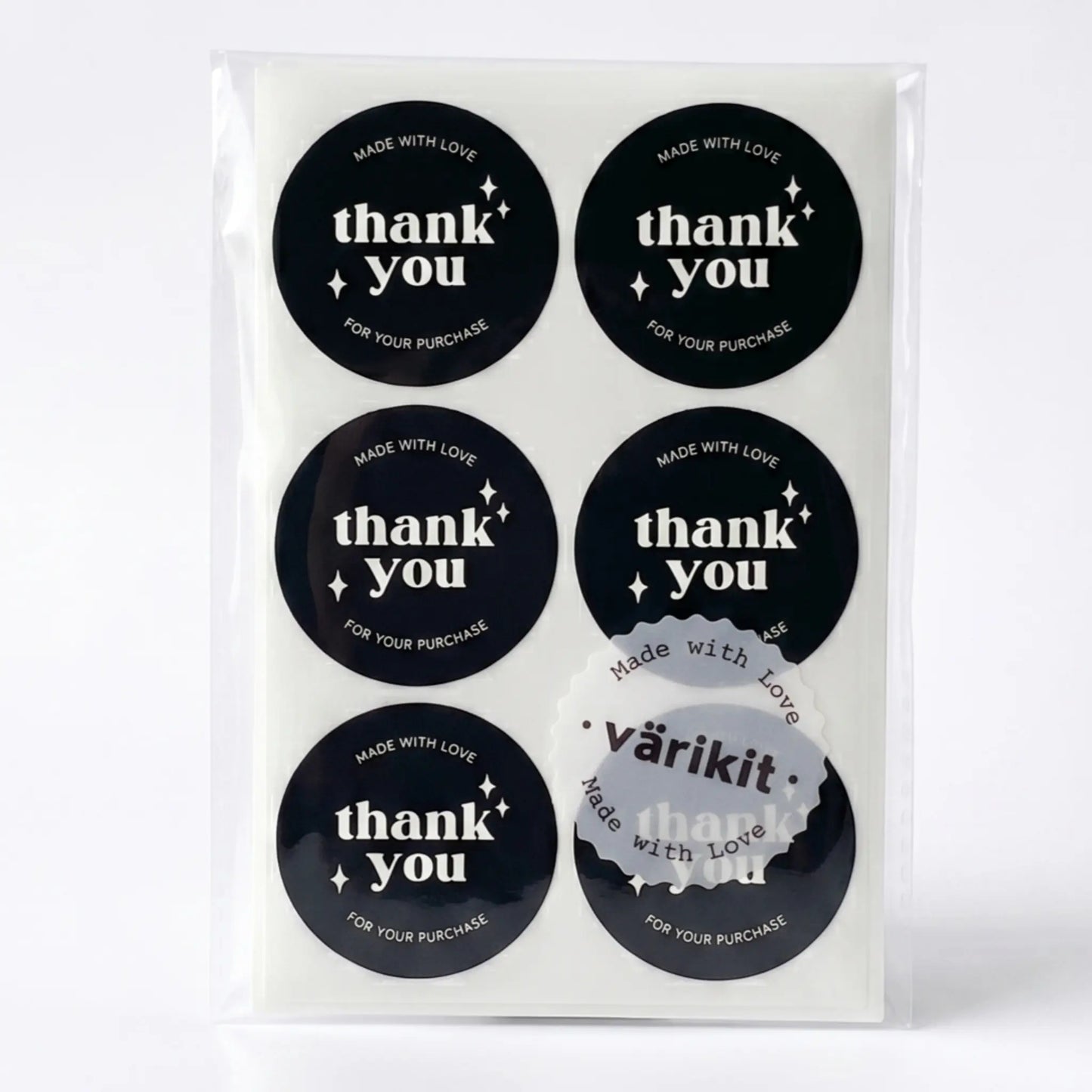 Thank you sticker with retro star design in black and silver white