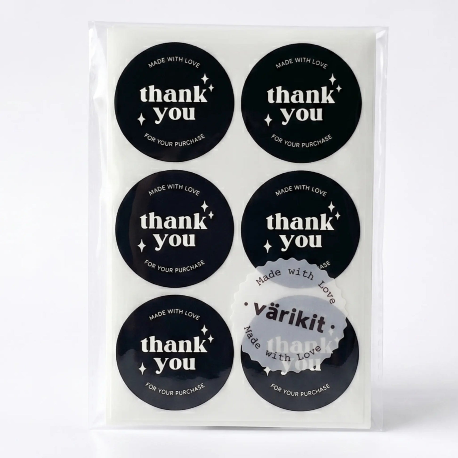 Thank you sticker with retro star design in black and silver white