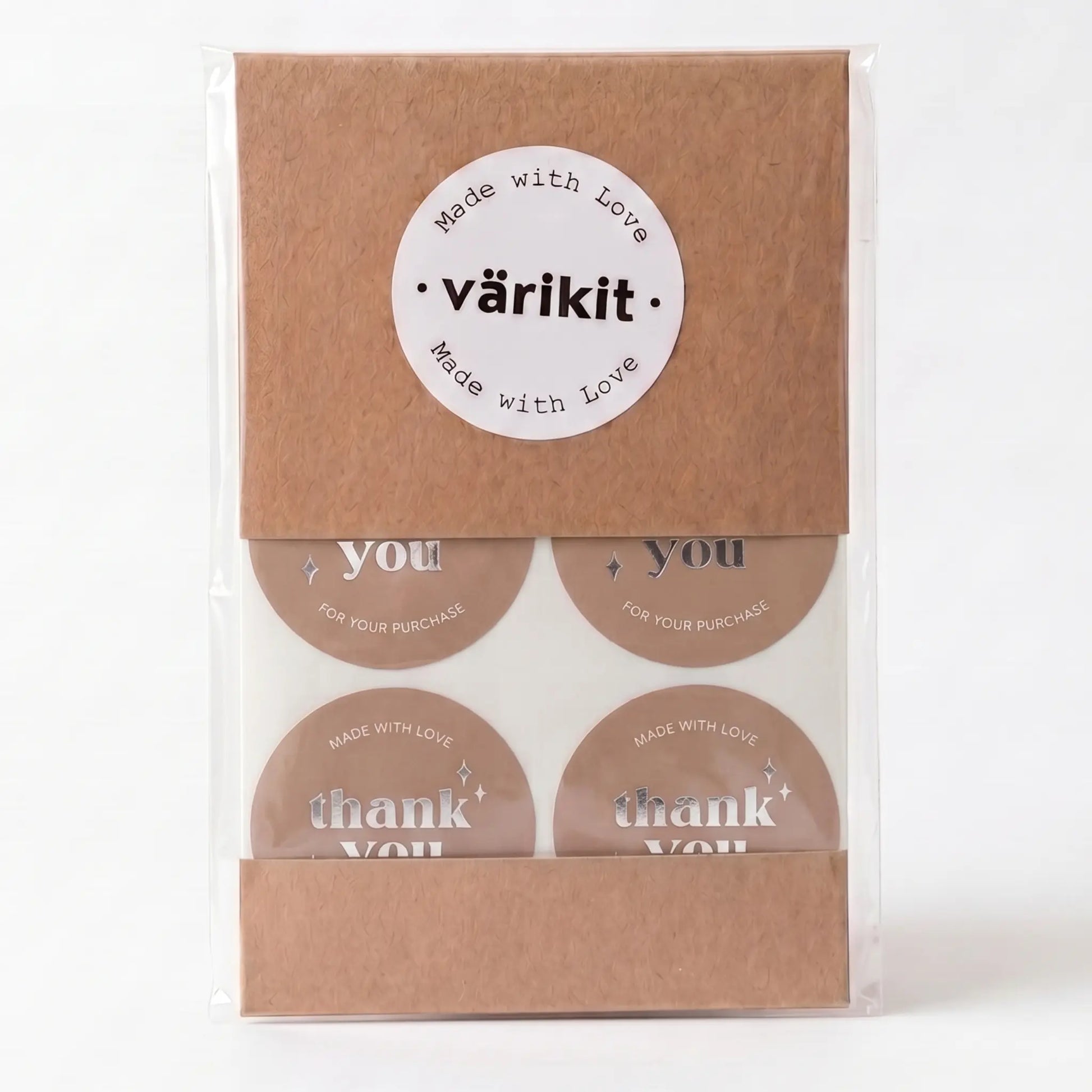 Thank you sticker with retro star design in brown and silver foil