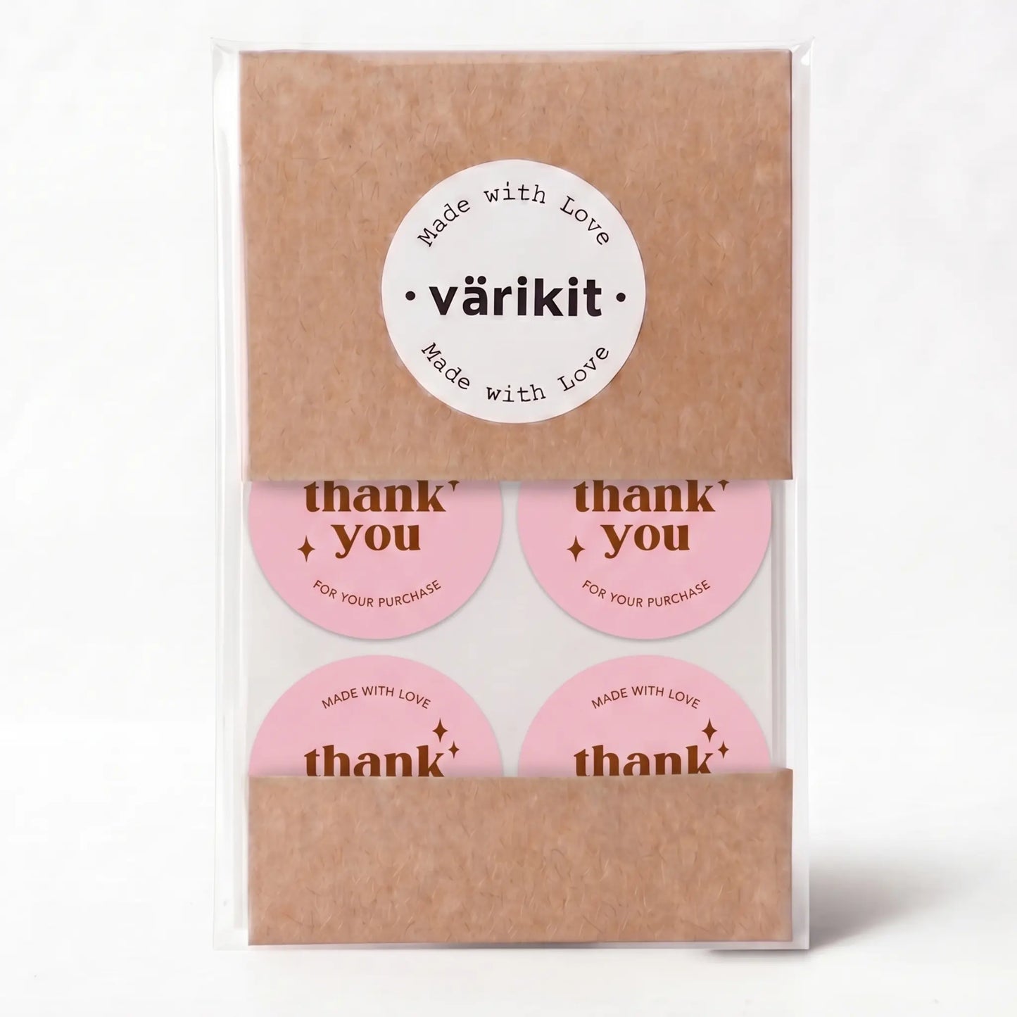 Thank you sticker with retro star design in pink and coffee