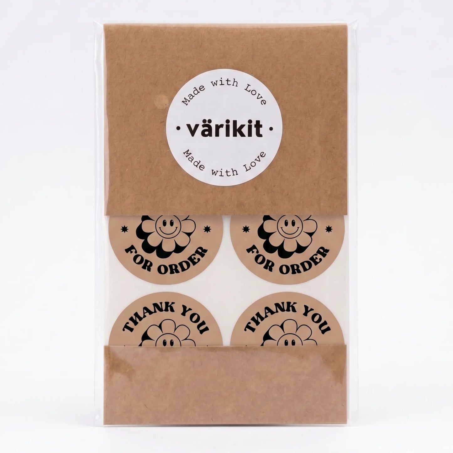 Thank you sticker with retro groovy daisy design in brown and black
