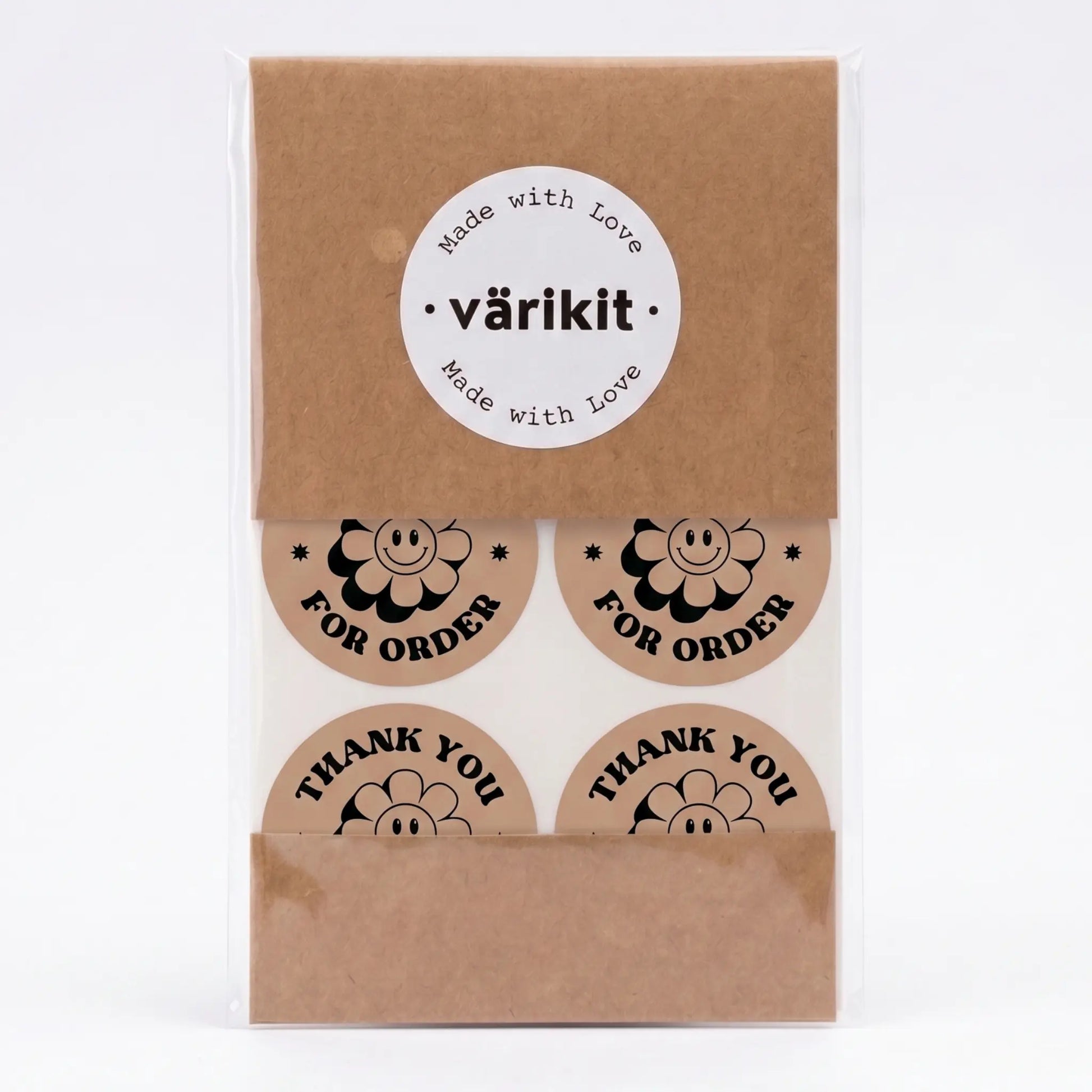 Thank you sticker with retro groovy daisy design in brown and black