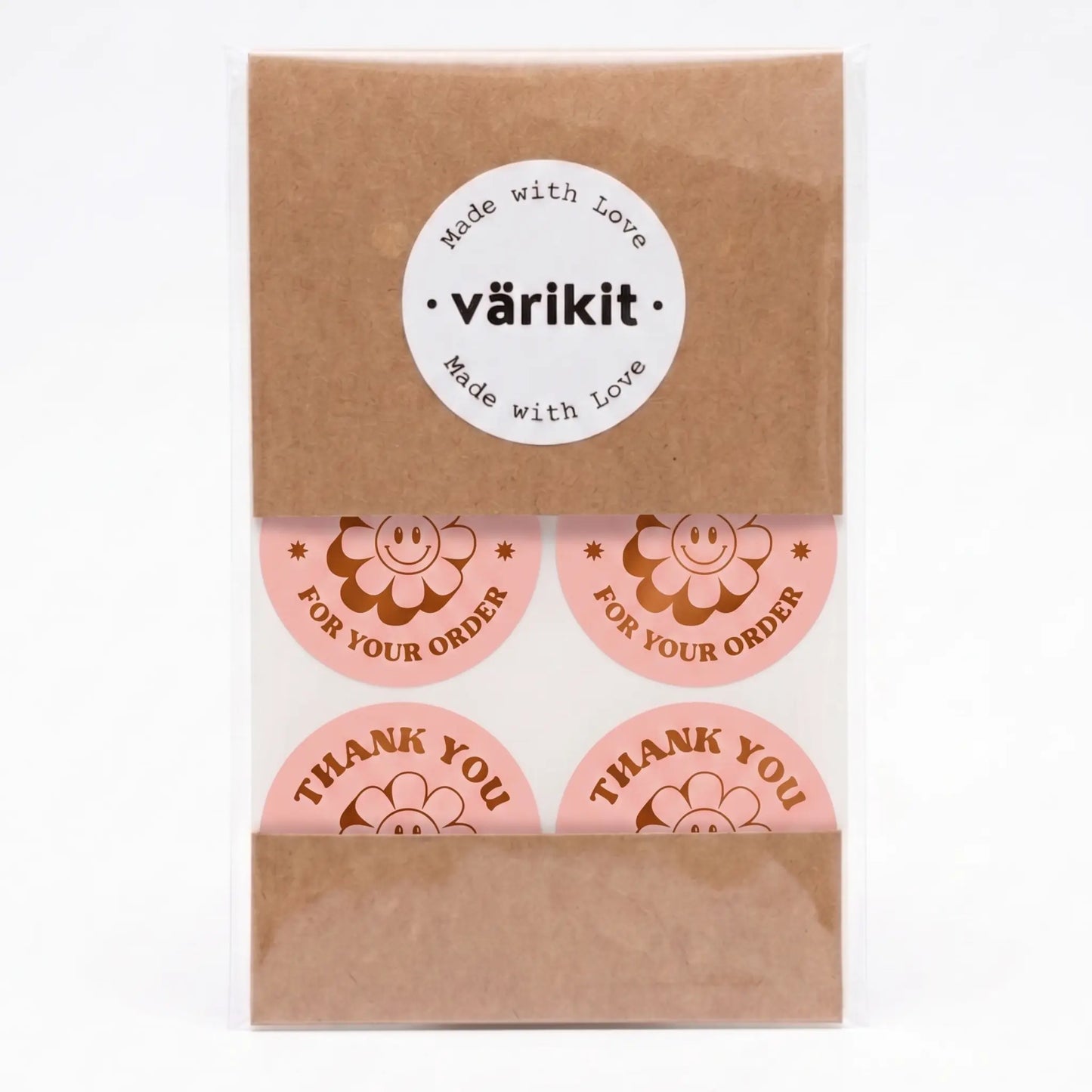 Thank you sticker with retro groovy daisy design in pink and coffee