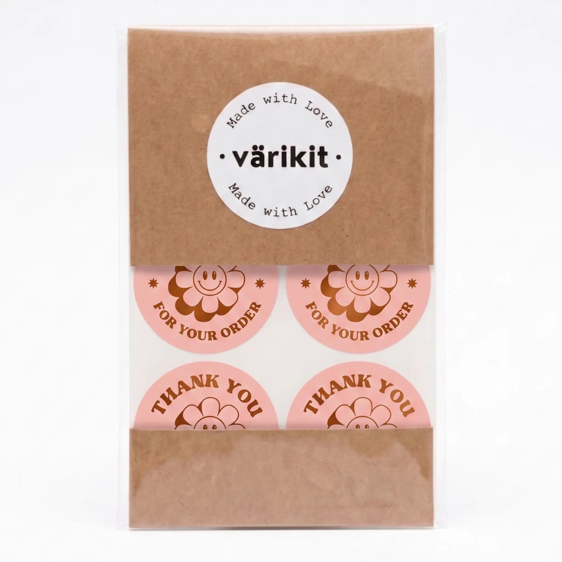 Thank you sticker with retro groovy daisy design in pink and coffee