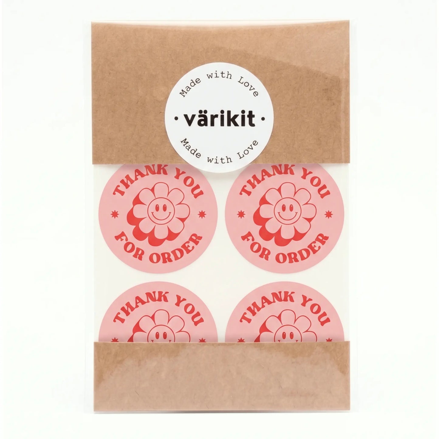 Round thank you label with retro groovy daisy design