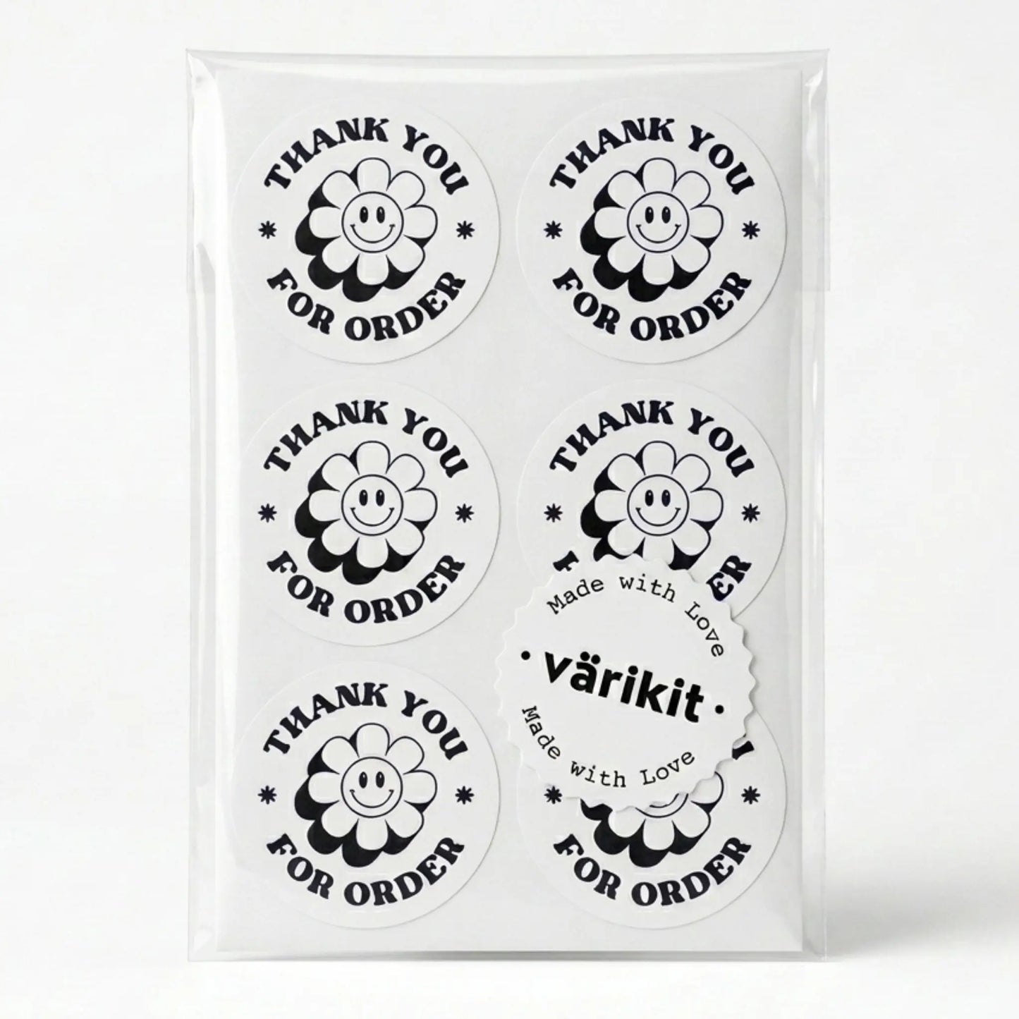 Thank you sticker with retro groovy daisy design in white and black