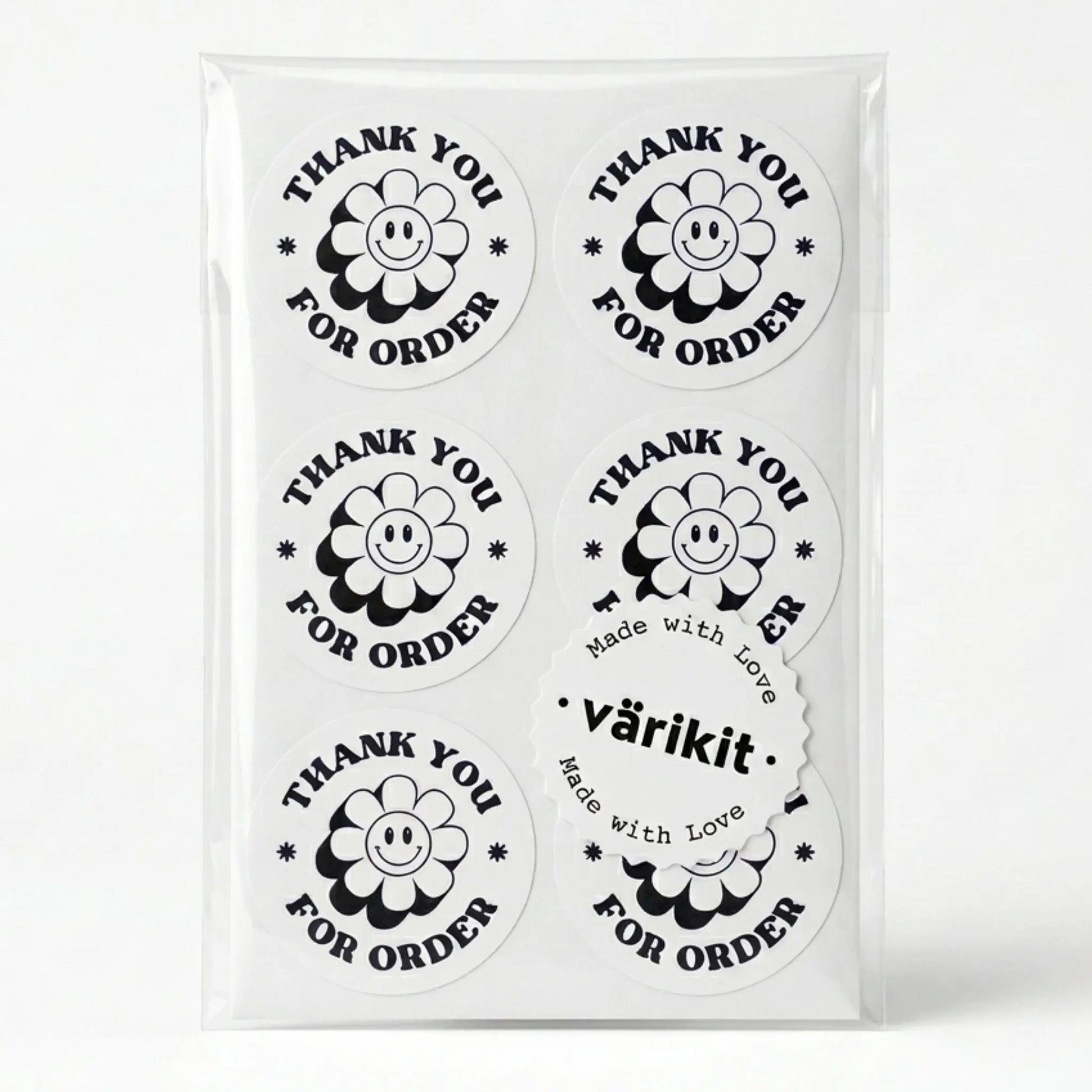 Thank you sticker with retro groovy daisy design in white and black