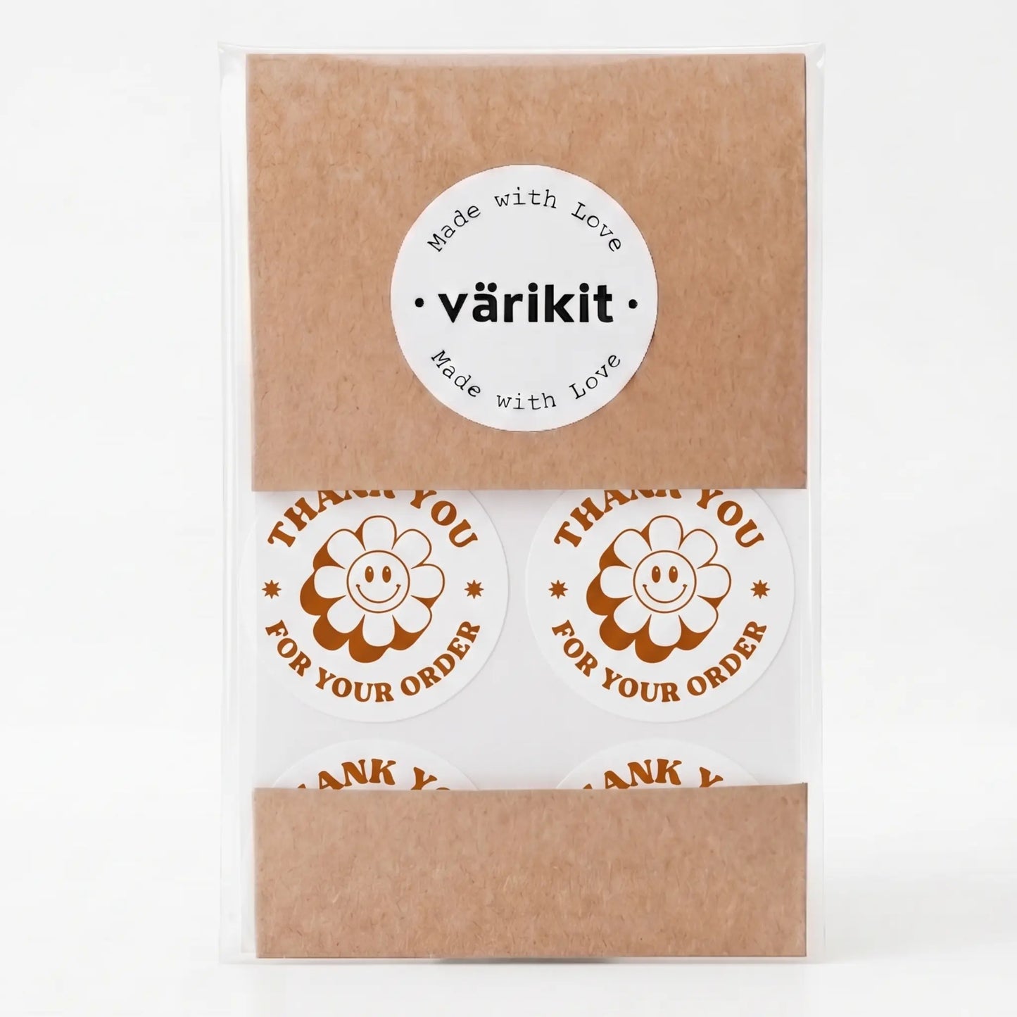 Retro groovy daisy thank you sticker in white and coffee