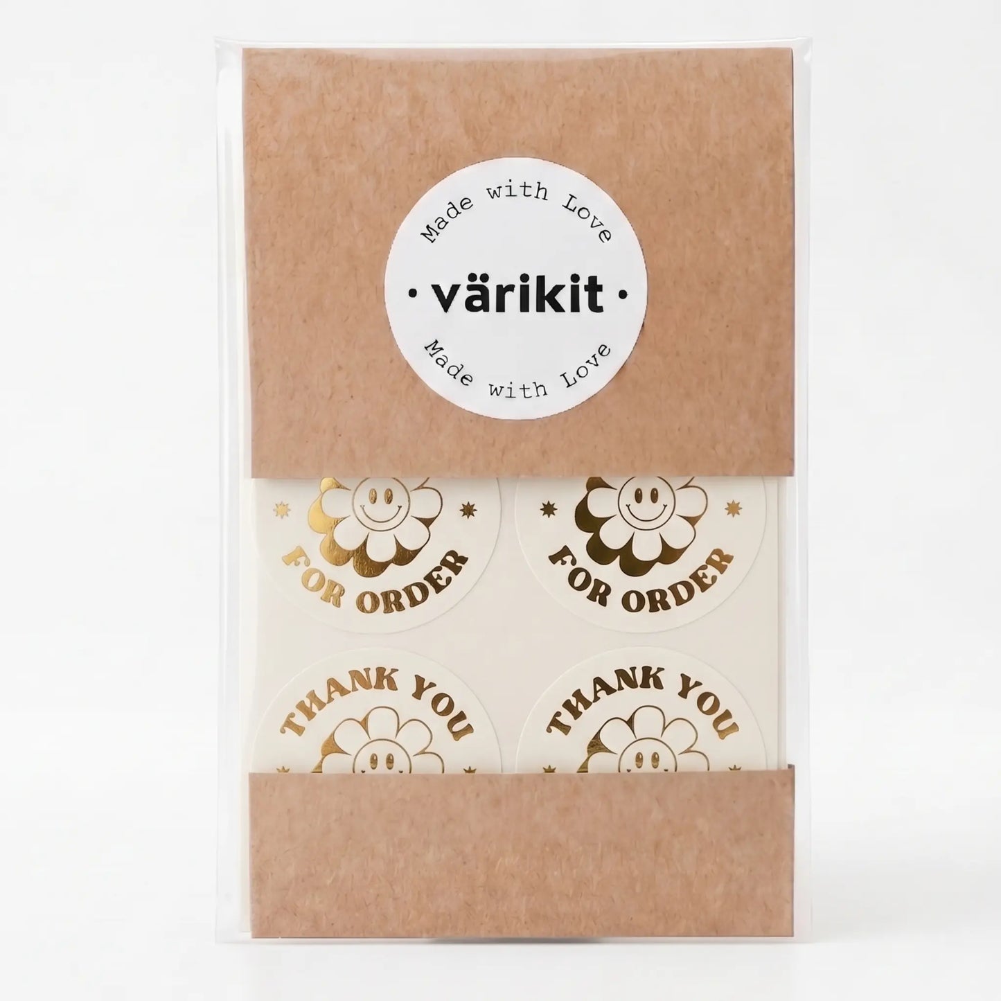 Round thank you label with retro groovy daisy design
