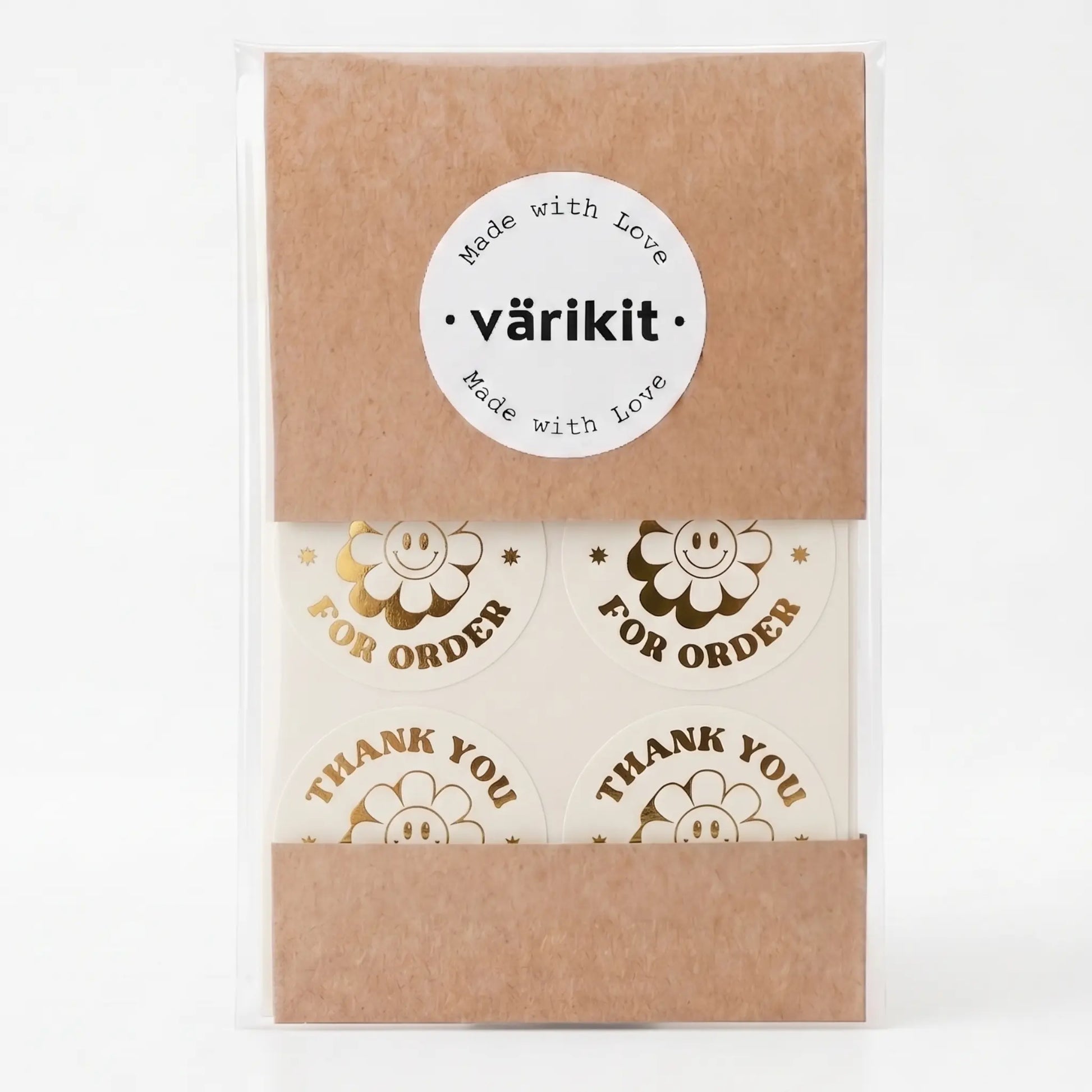 Round thank you label with retro groovy daisy design