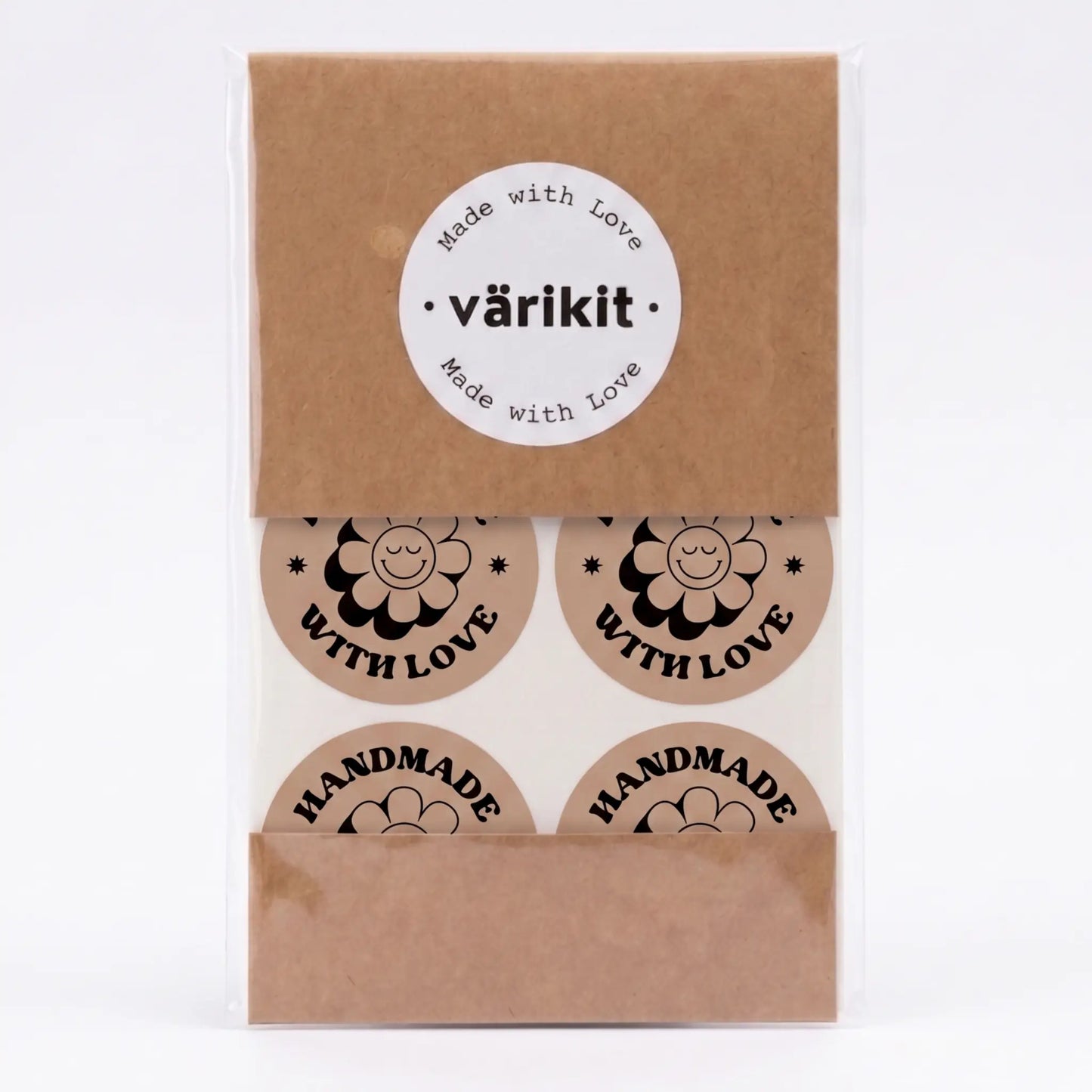 Handmade with love sticker with retro groovy daisy design in brown and black
