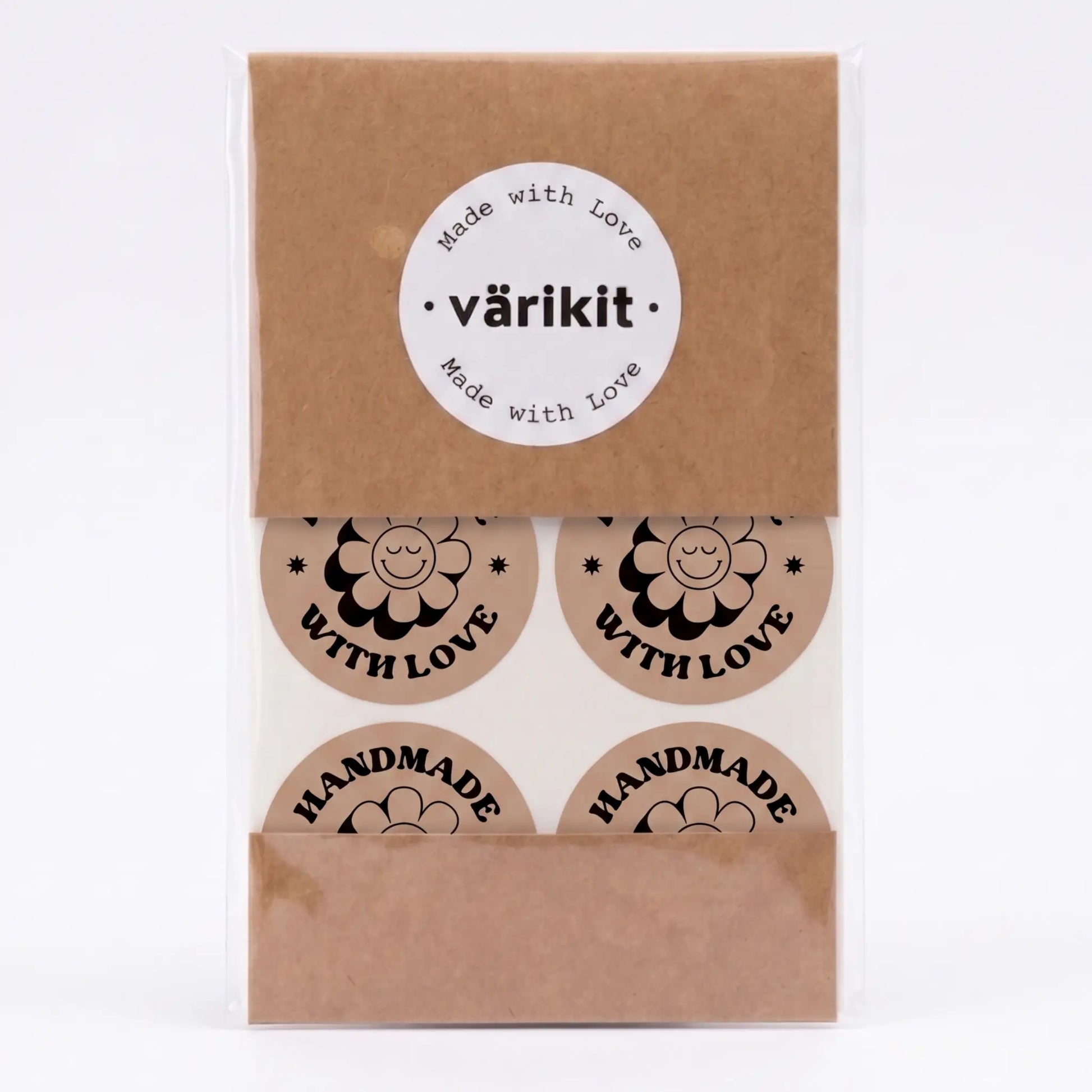 Handmade with love sticker with retro groovy daisy design in brown and black