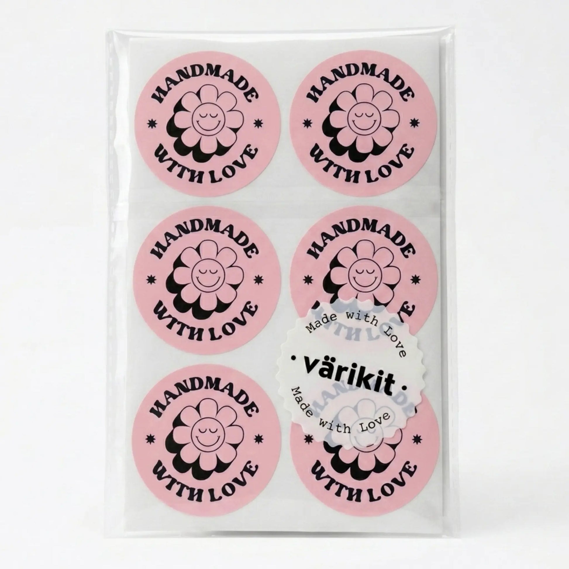 Retro groovy daisy handmade with love sticker in pink and black