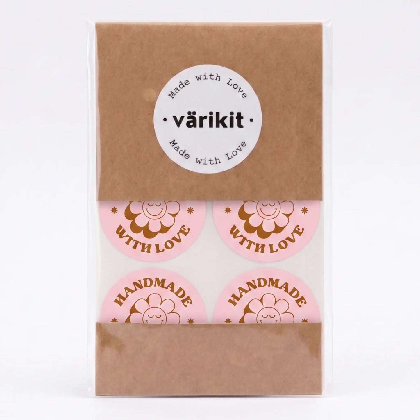 Handmade with love sticker with retro groovy daisy design in pink and coffee
