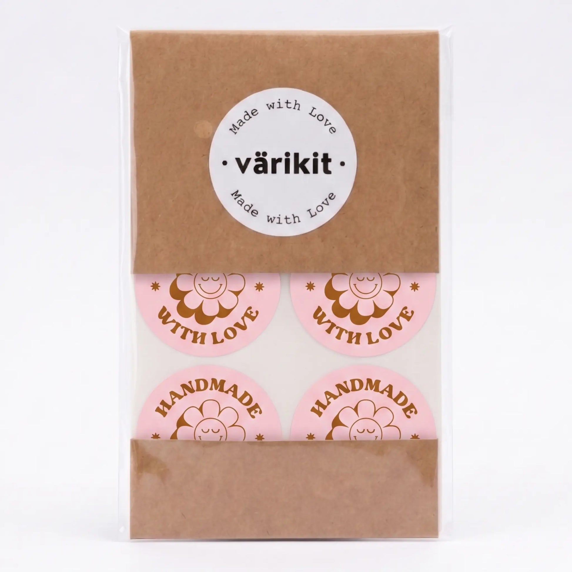 Handmade with love sticker with retro groovy daisy design in pink and coffee