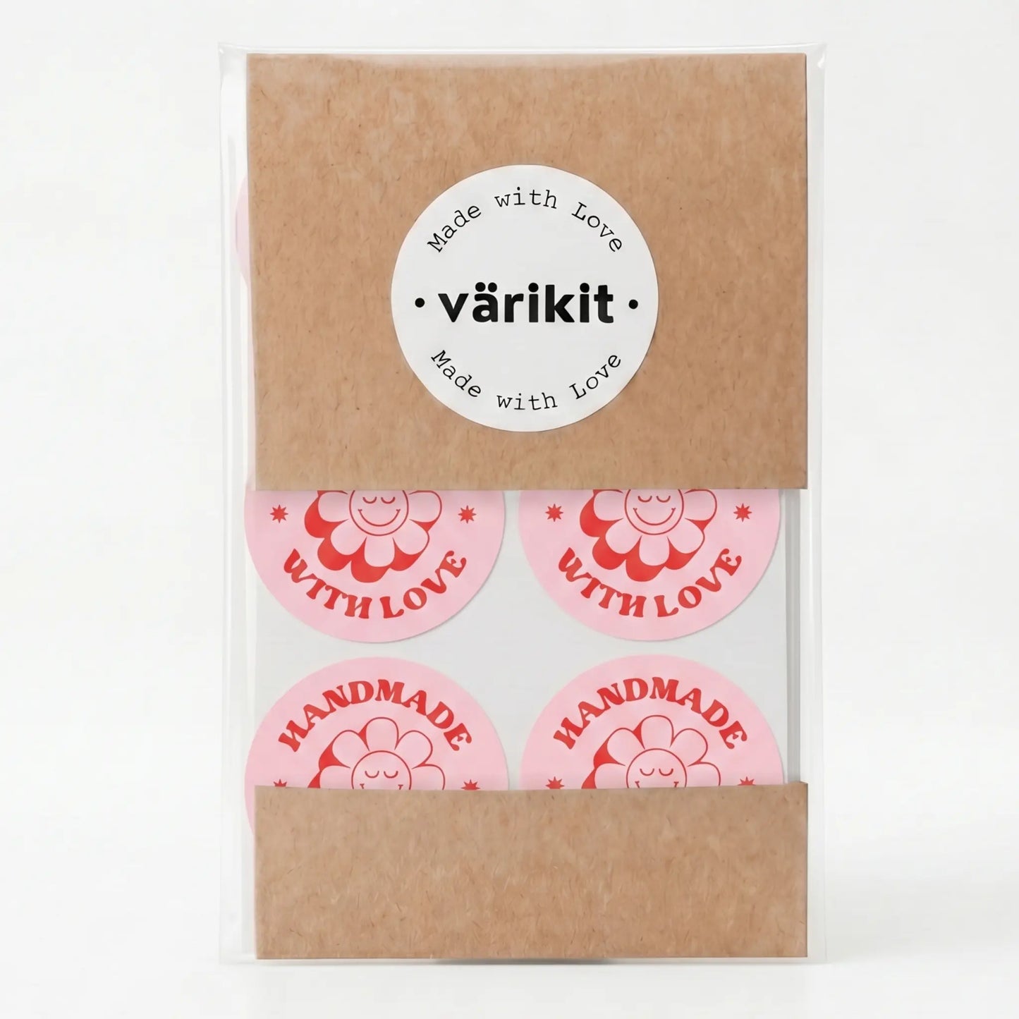 Round handmade with love label with retro groovy daisy design