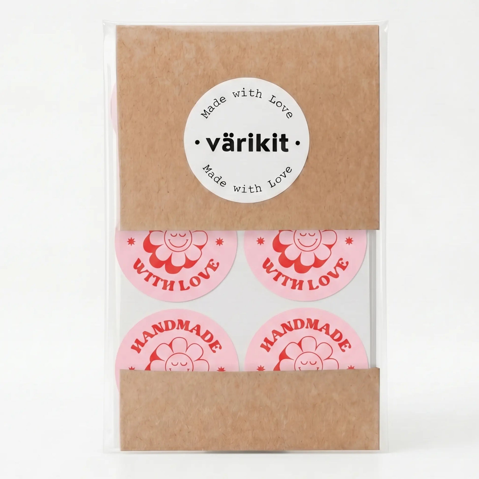Round handmade with love label with retro groovy daisy design