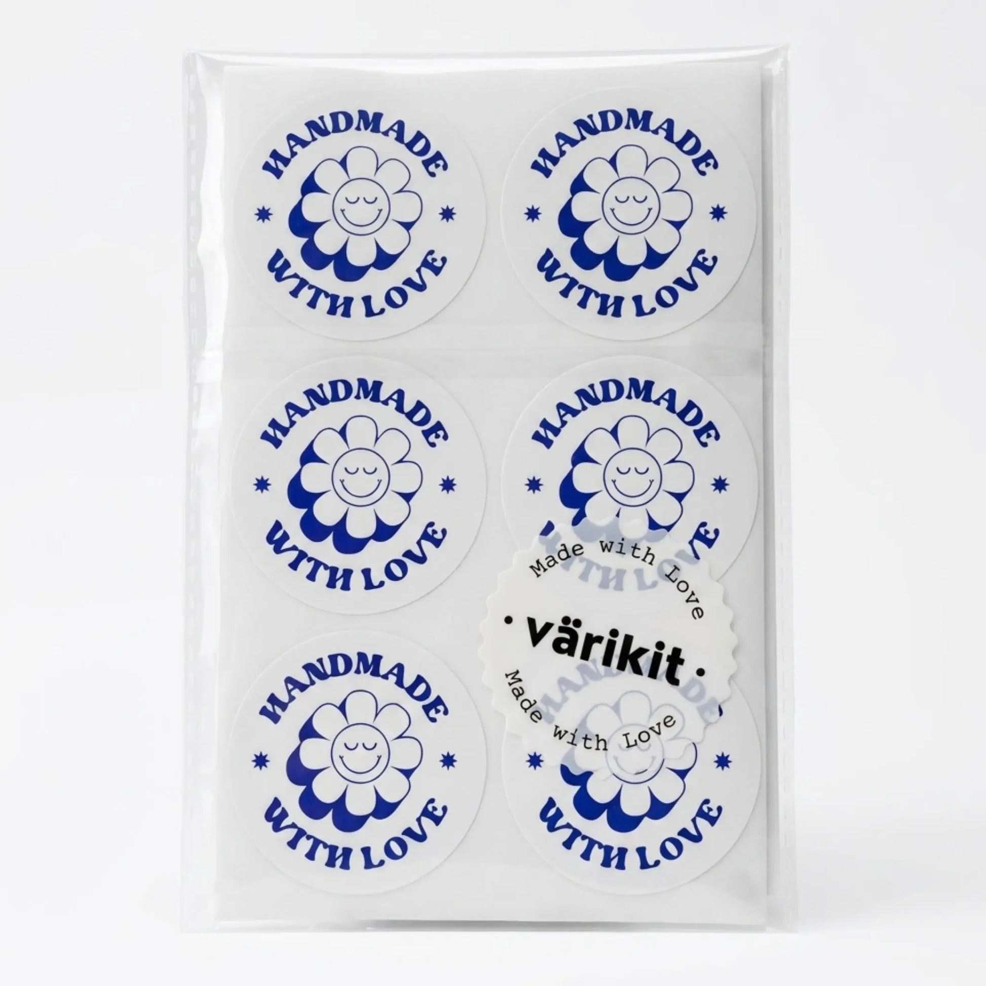 White and blue retro groovy daisy handmade with love sticker
