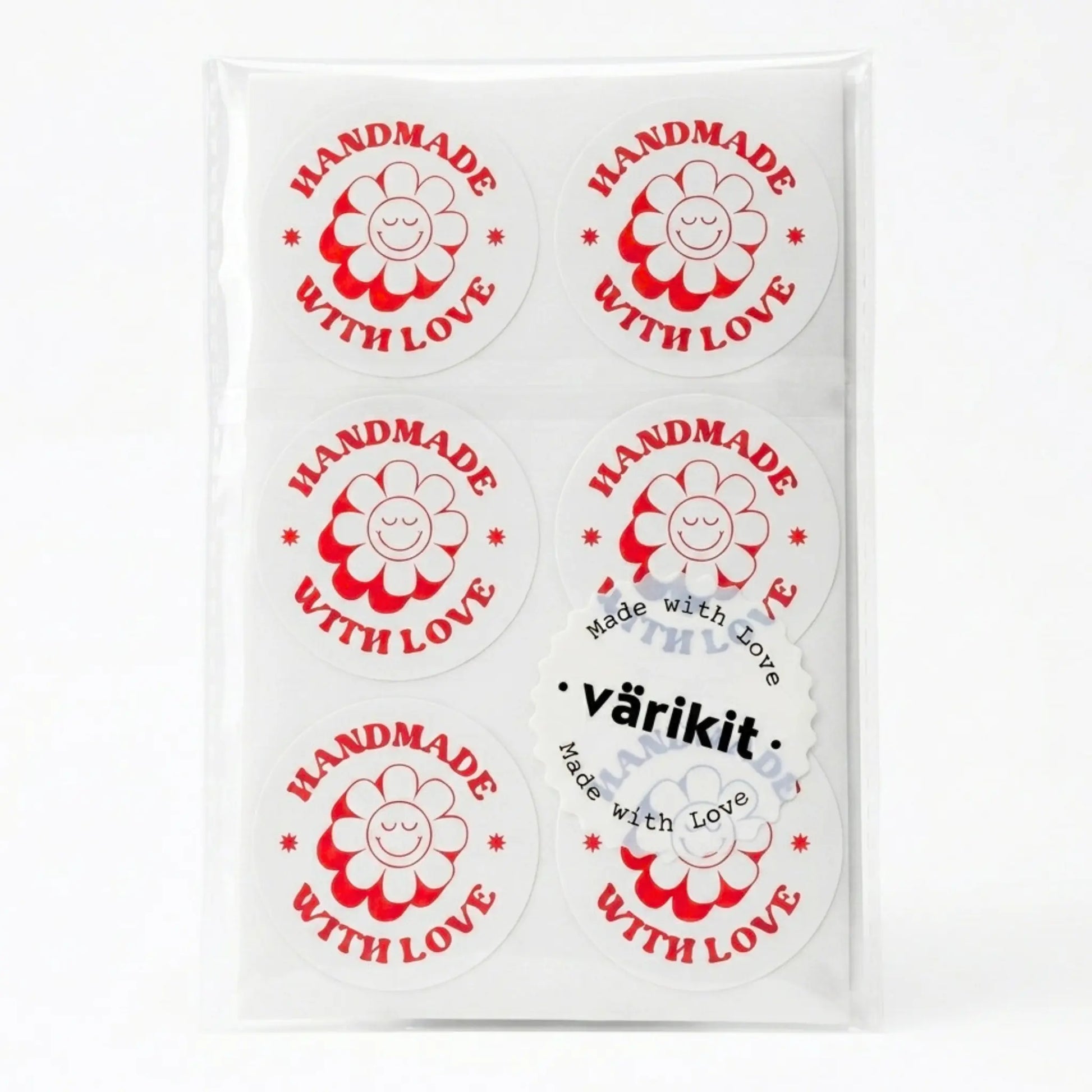 Small business handmade with love sticker featuring retro groovy daisy design