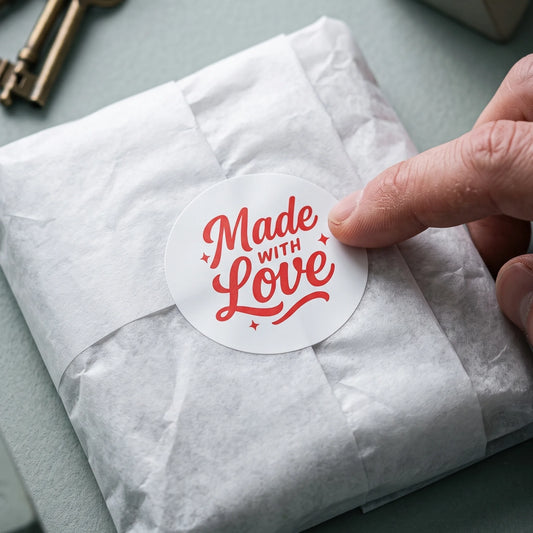 Vintage script label arriving with online orders to greet customers in classic style.