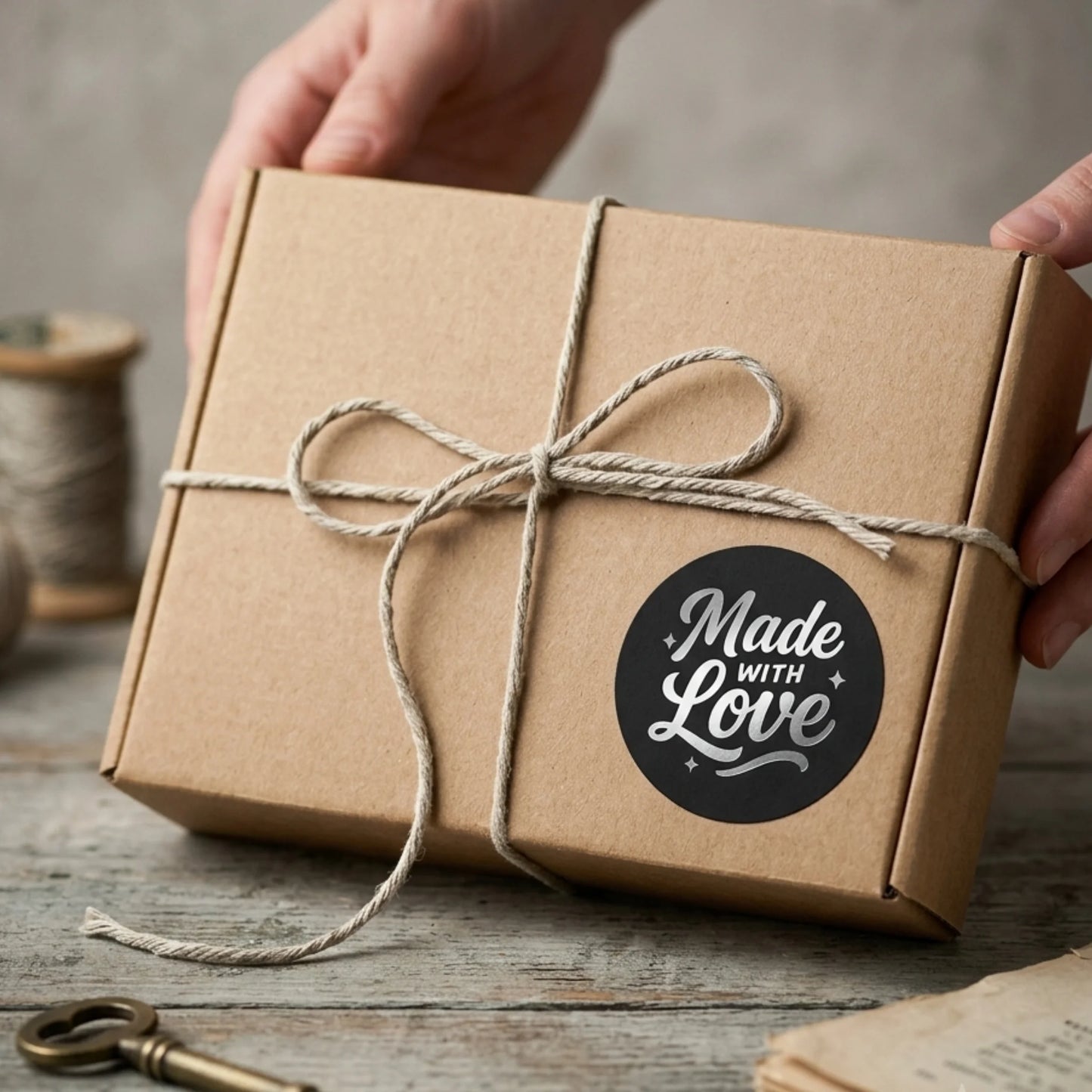 A Made With Love sticker greeting small business customers as they open gift wraps.