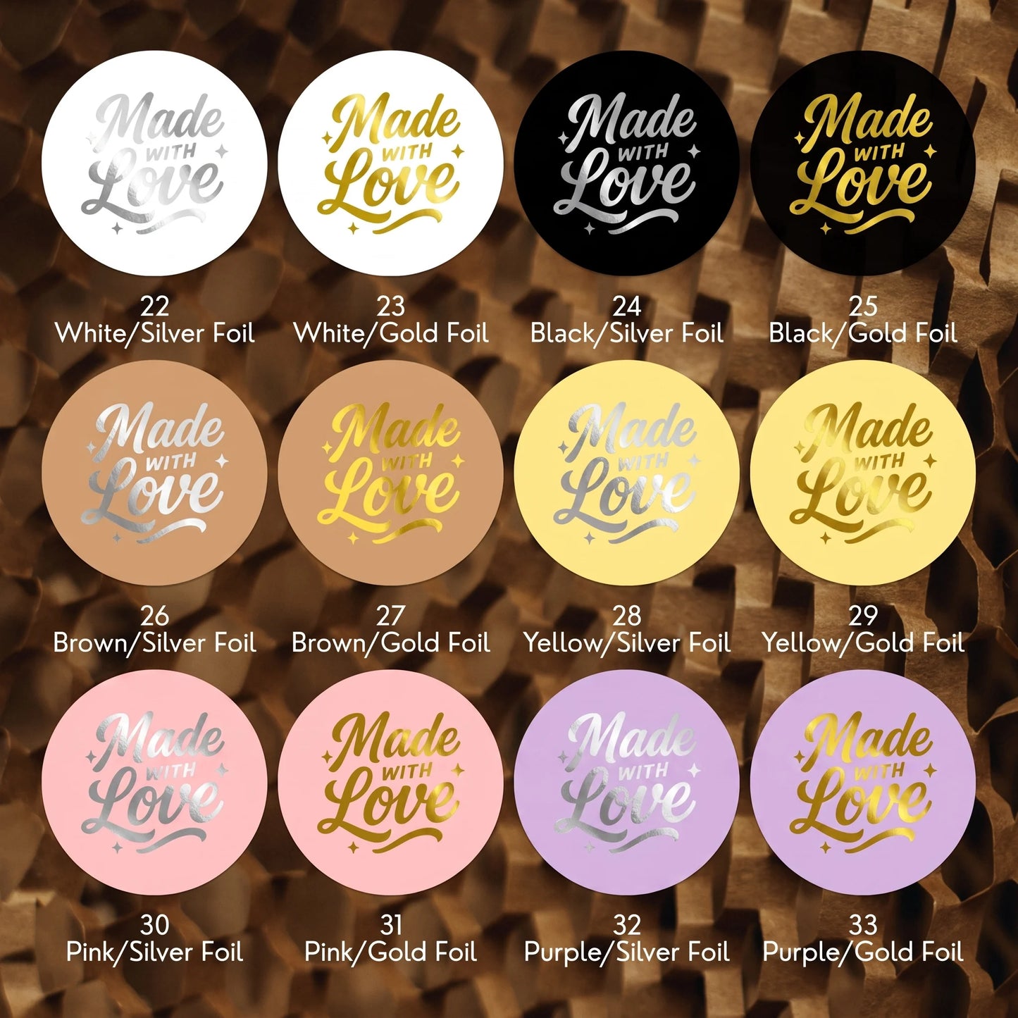 Varikit 2-inch round Spencerian Cursive sticker color chart, gold and silver foil options.
