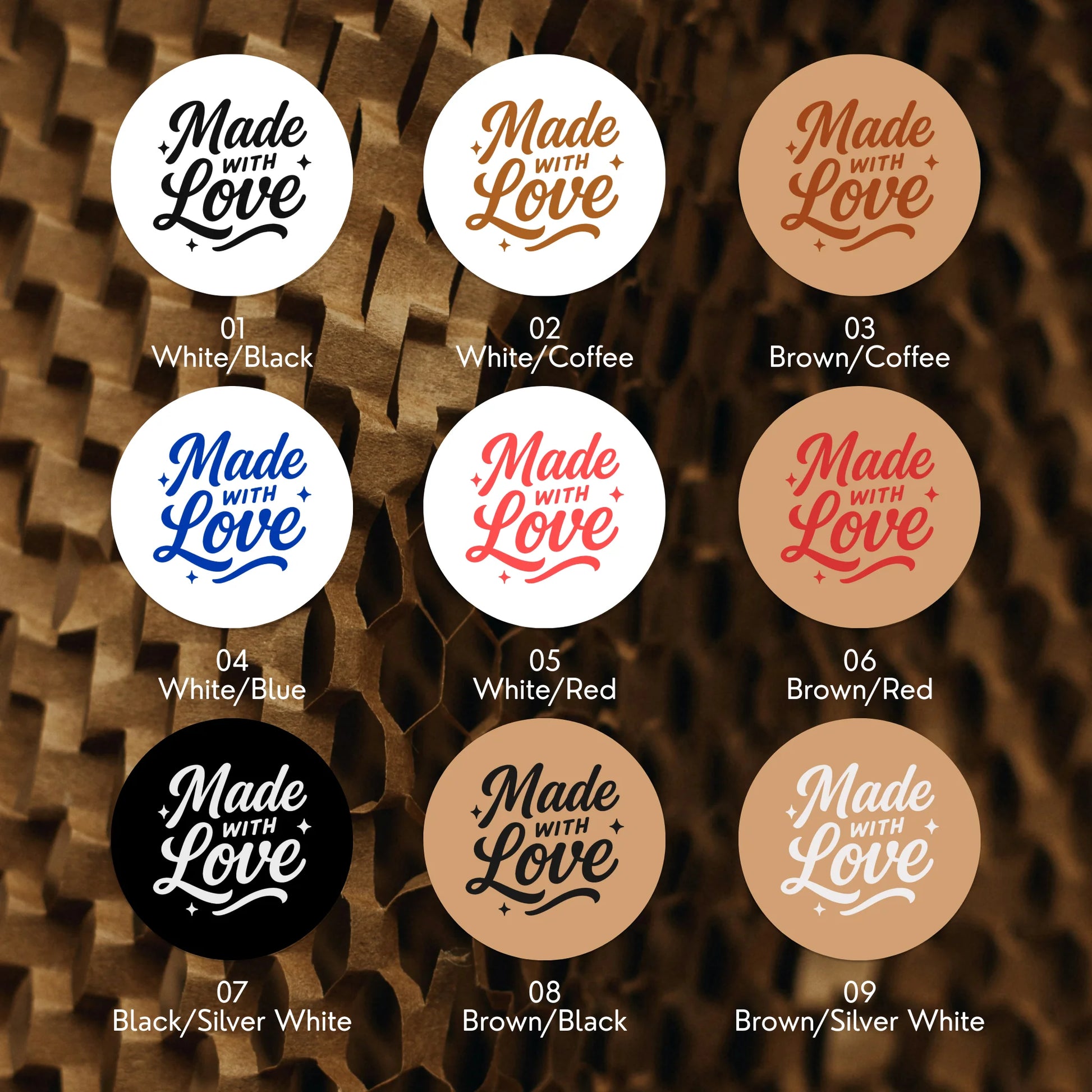 Varikit 2-inch round Spencerian Cursive sticker color chart, white, black and brown paper options.