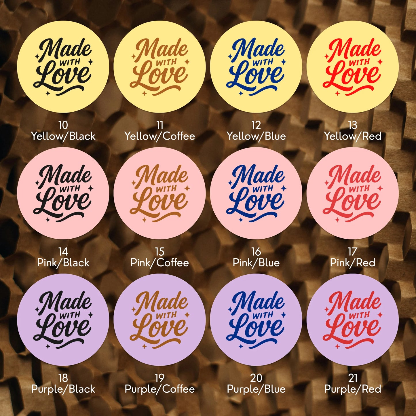Varikit 2-inch round Spencerian Cursive sticker color chart, pink, purple and yellow paper options.