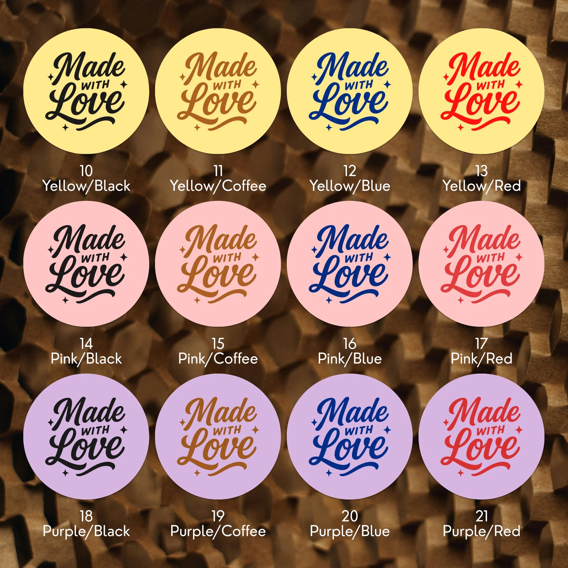 Varikit 2-inch round Spencerian Cursive sticker color chart, pink, purple and yellow paper options.