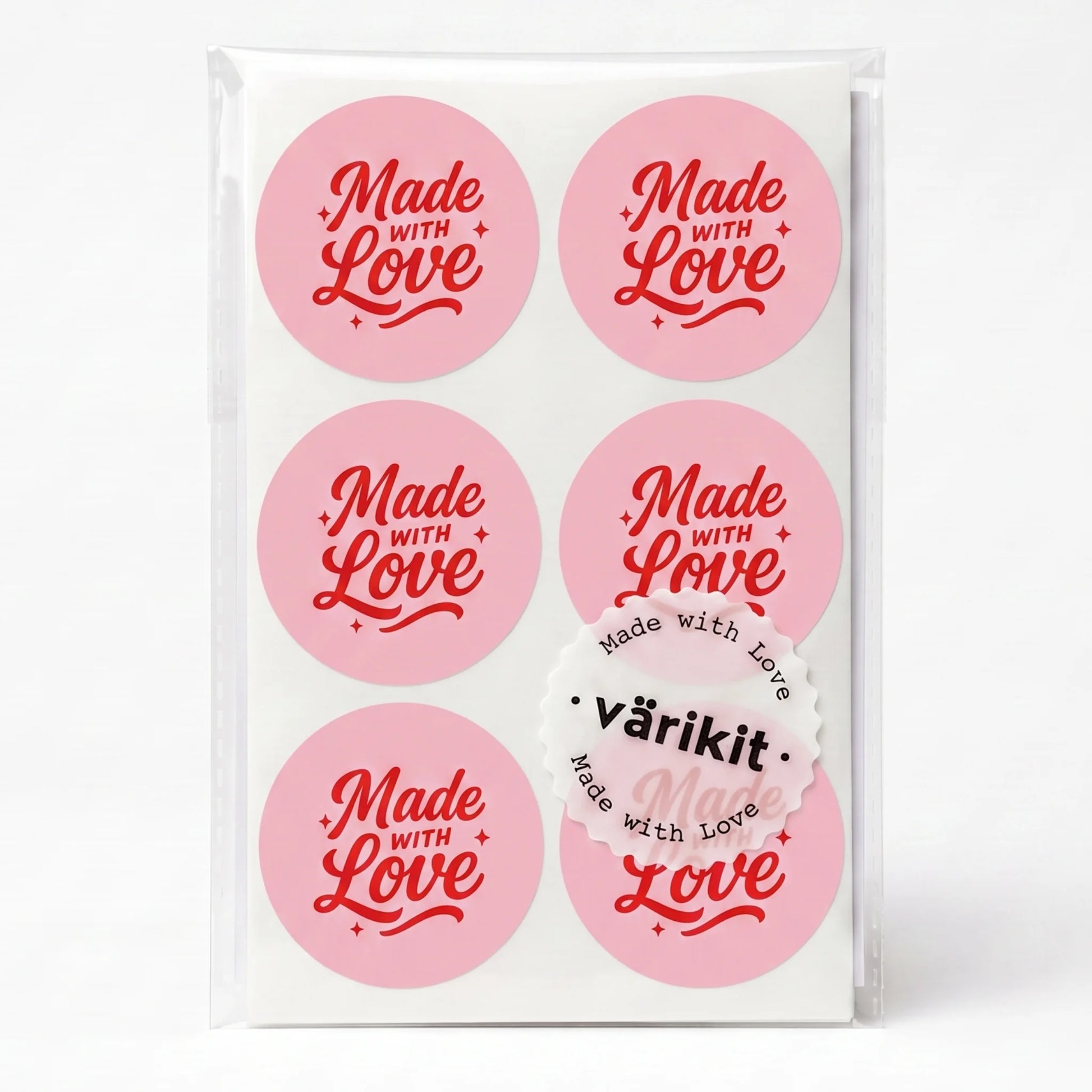 red ink on pink paper, 2-inch round retro style, vintage sign painting style.