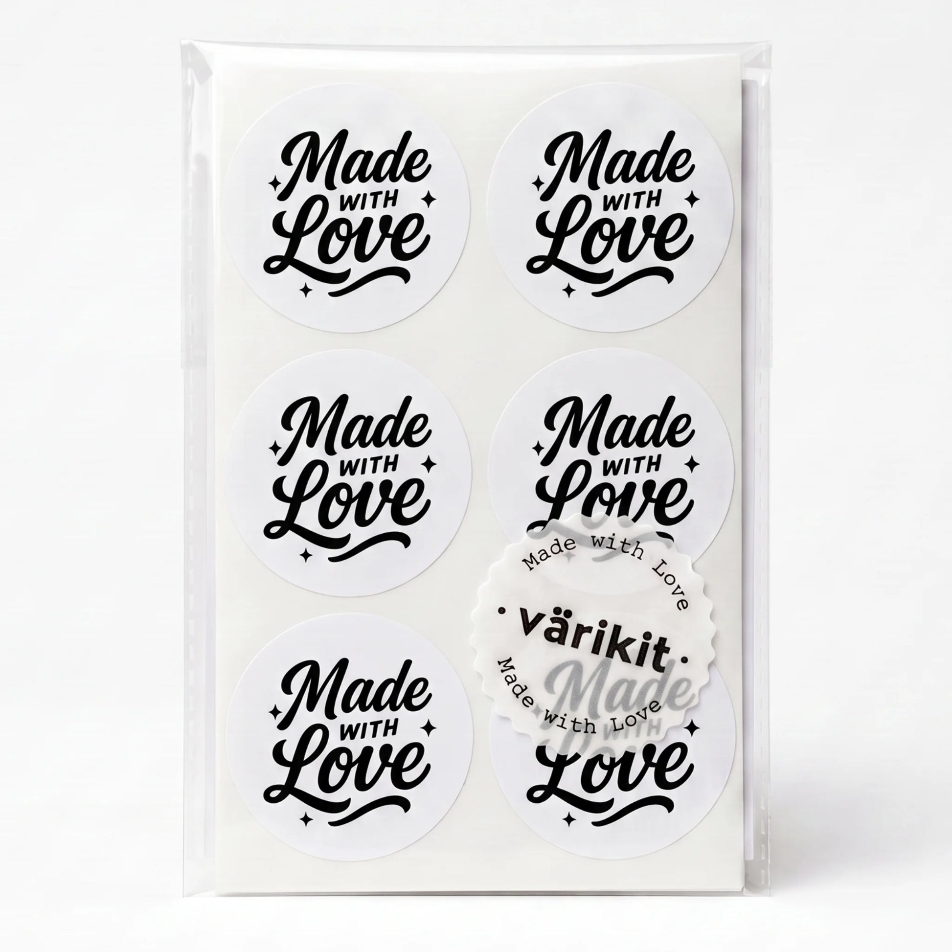 black ink on white paper, 2-inch round vintage labels, made with love message.