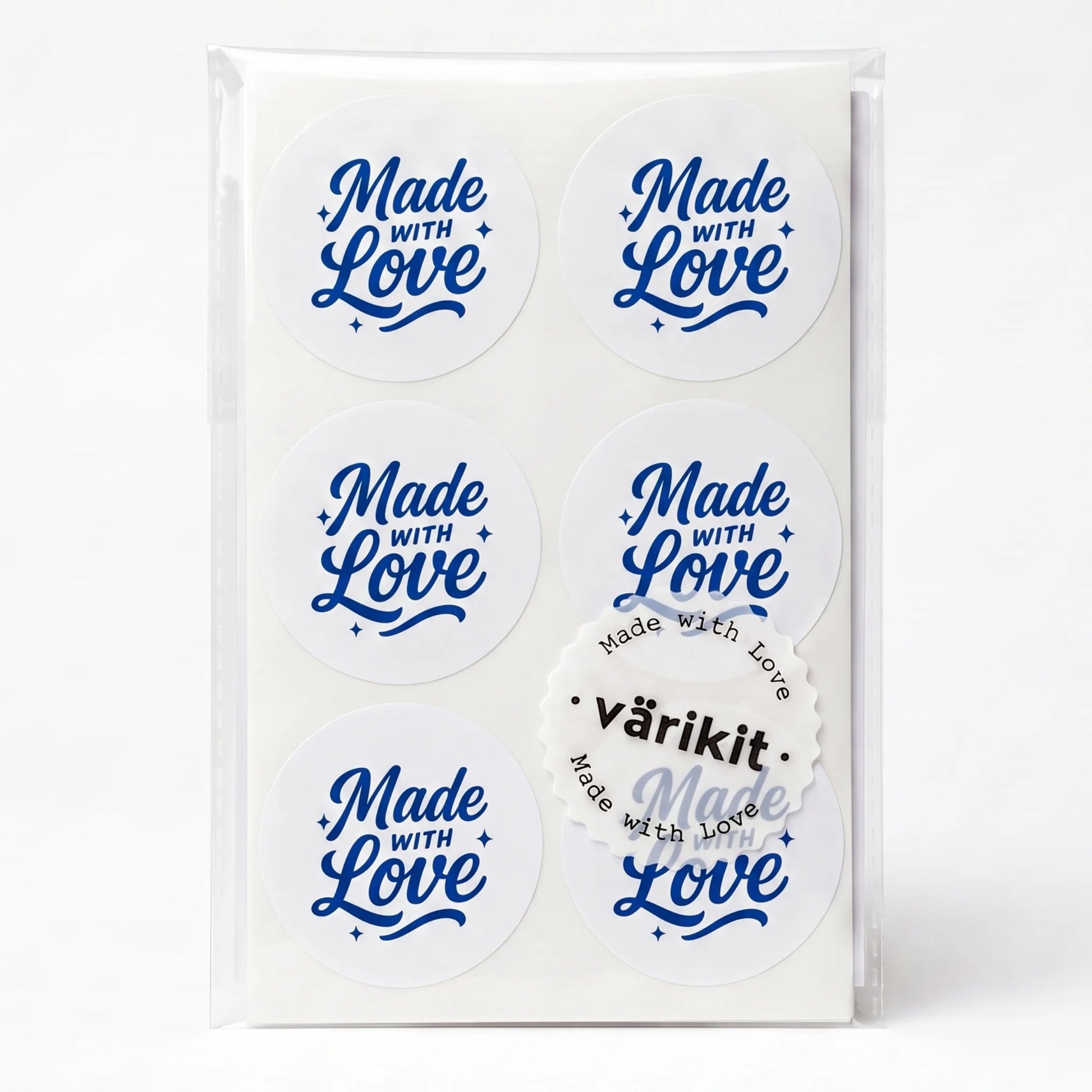 blue ink on white paper, 2-inch round vintage labels, vintage sign painting style.