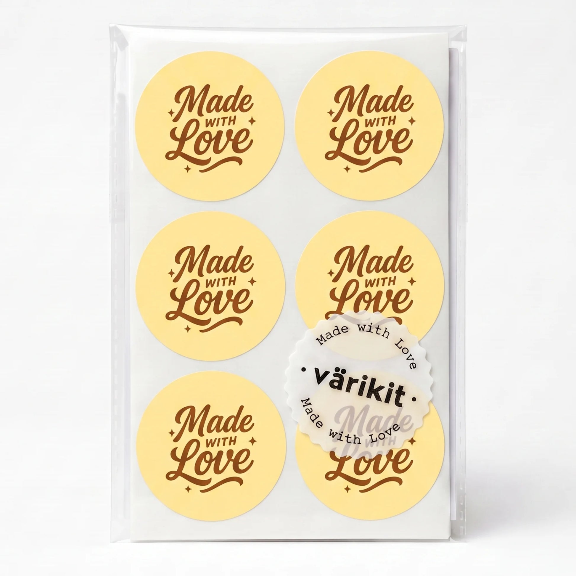coffee ink on yellow paper, 2-inch round retro typography, made with love message.
