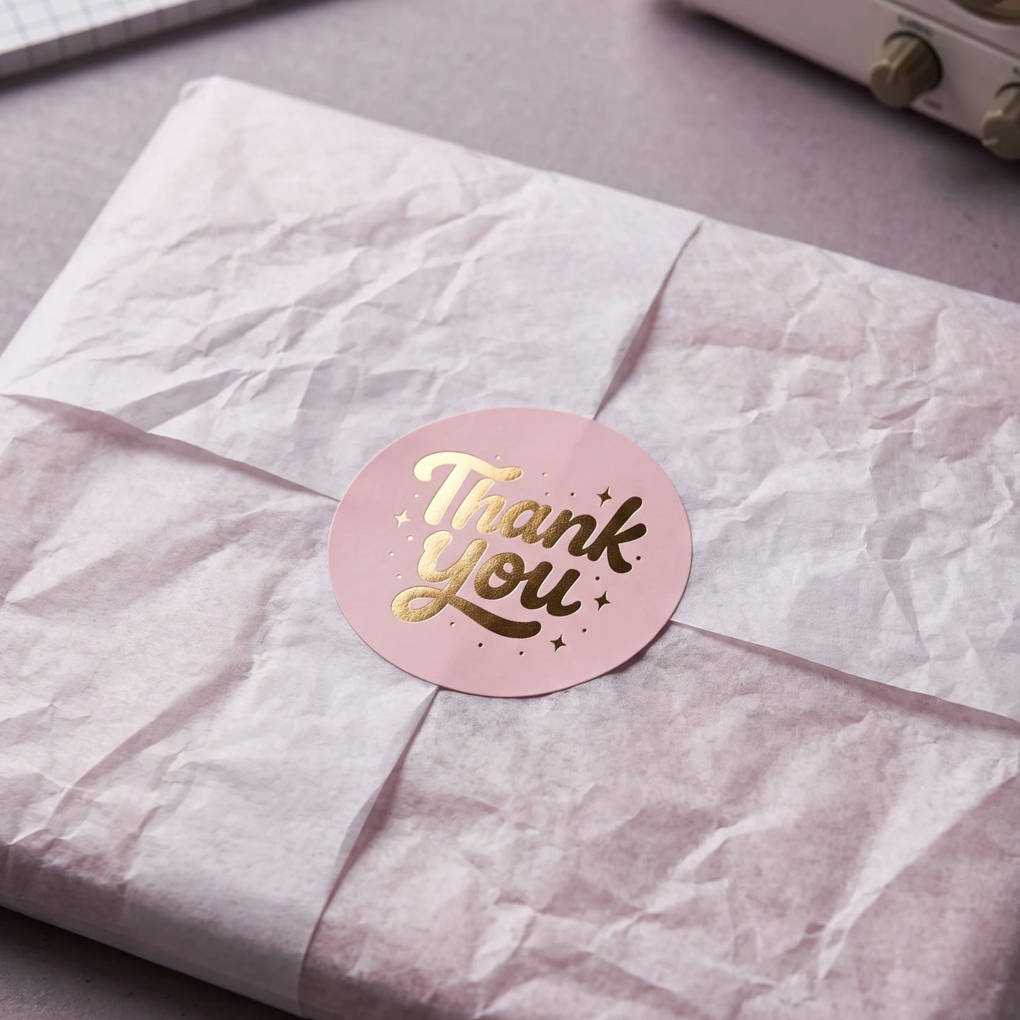 An elegant hand-lettered label finishing the unboxing experience with vintage charm.