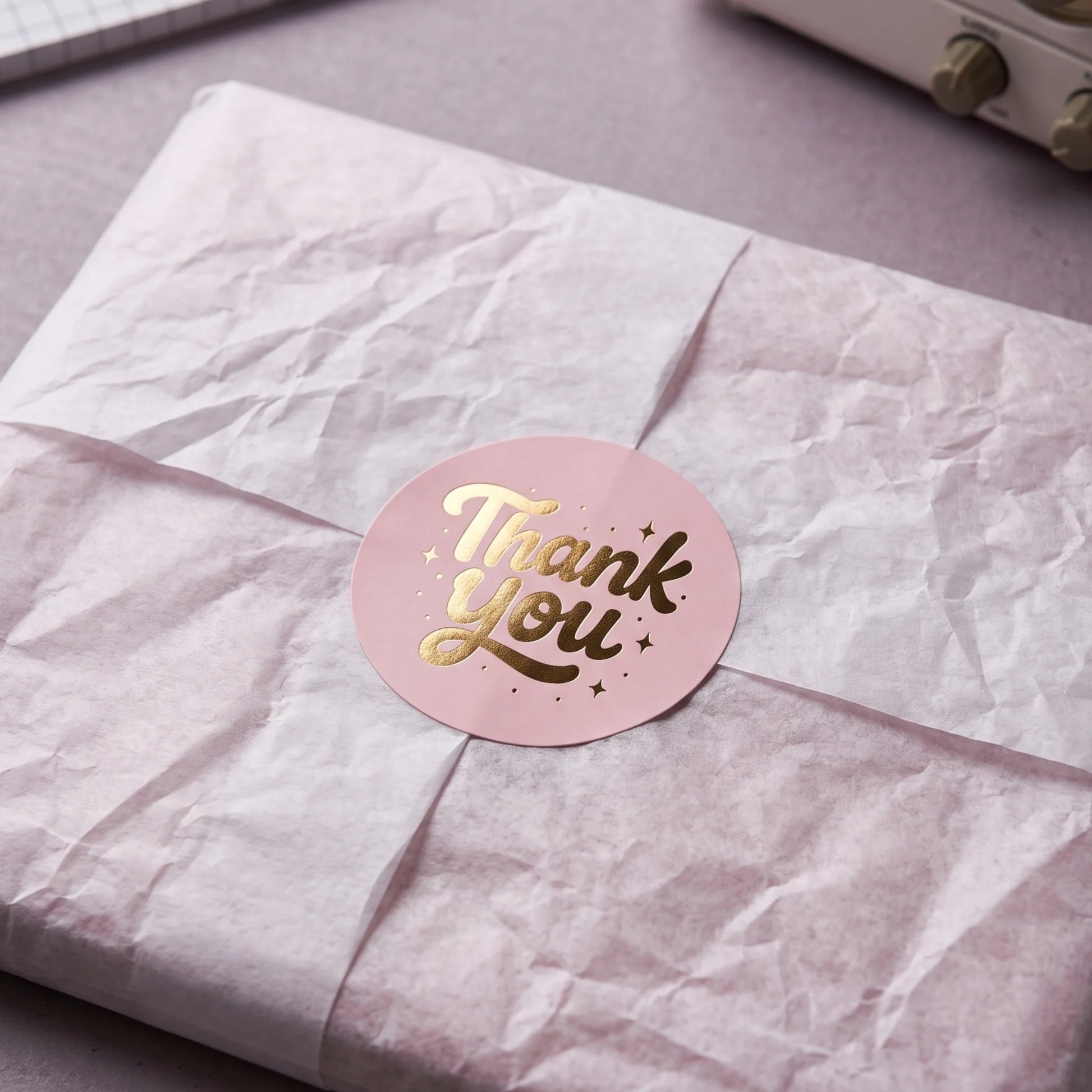 An elegant hand-lettered label finishing the unboxing experience with vintage charm.