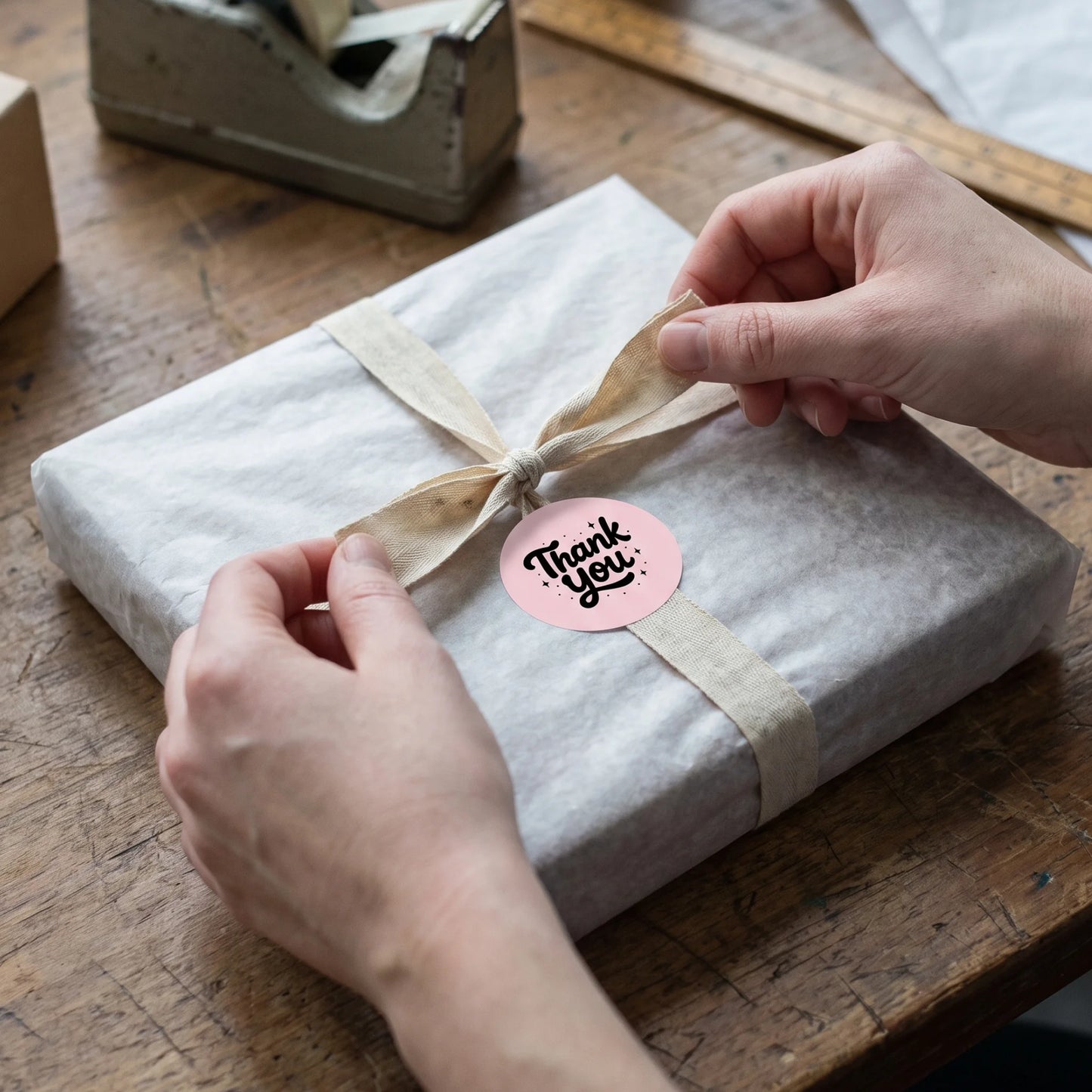 Round paper seal marking online orders with a distinct handcrafted identity.