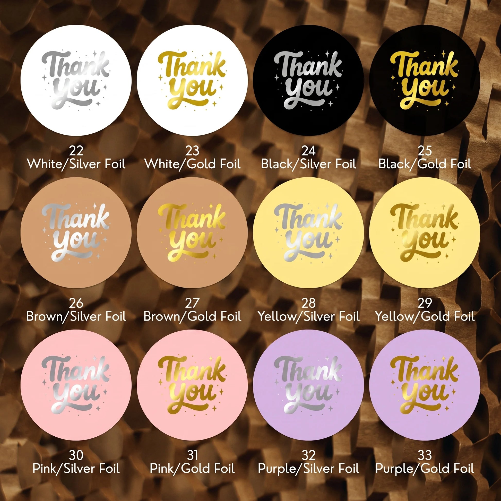 Varikit 2-inch round Spencerian Cursive sticker color chart, gold and silver foil options.