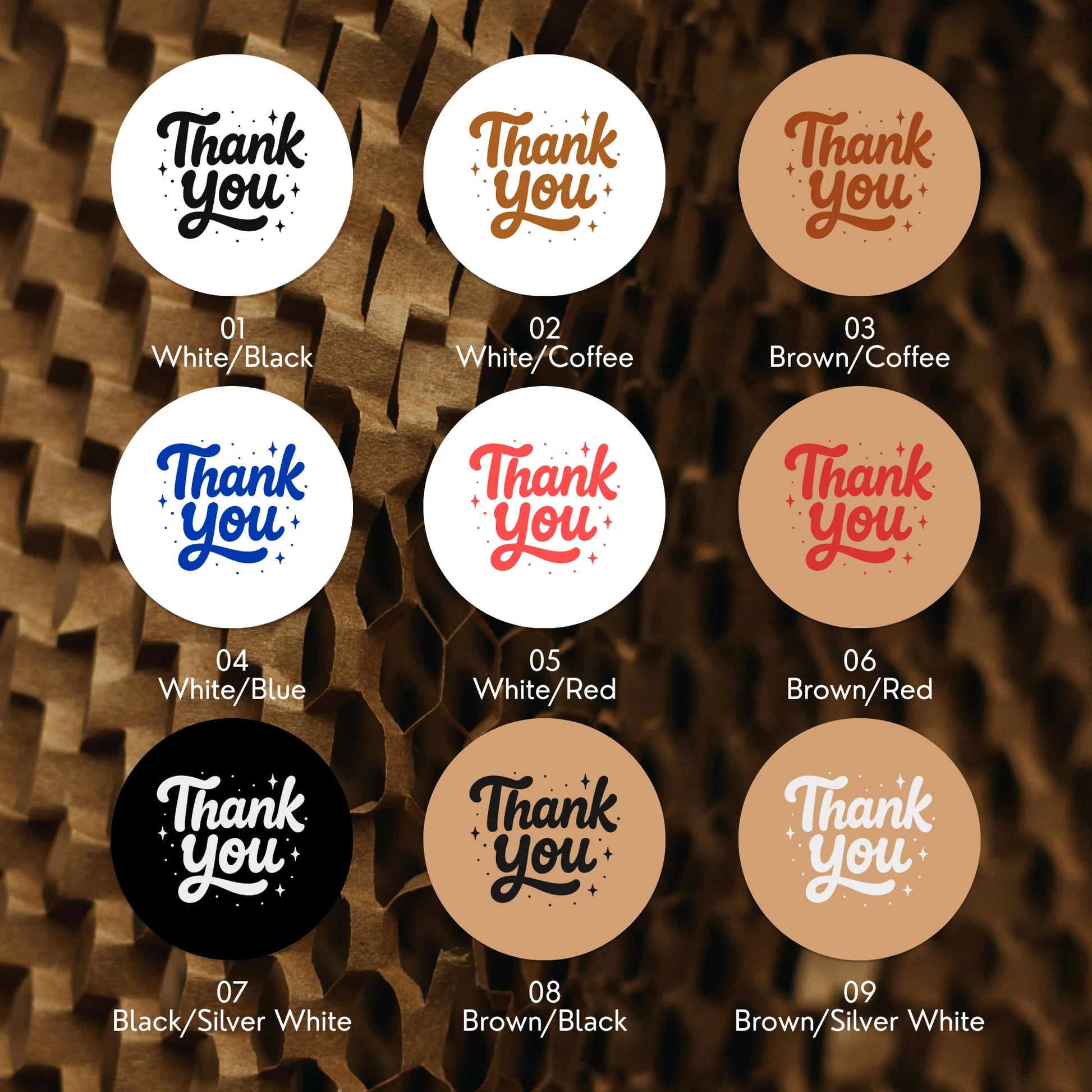 Varikit 2-inch round Spencerian Cursive sticker color chart, white, black and brown paper options.