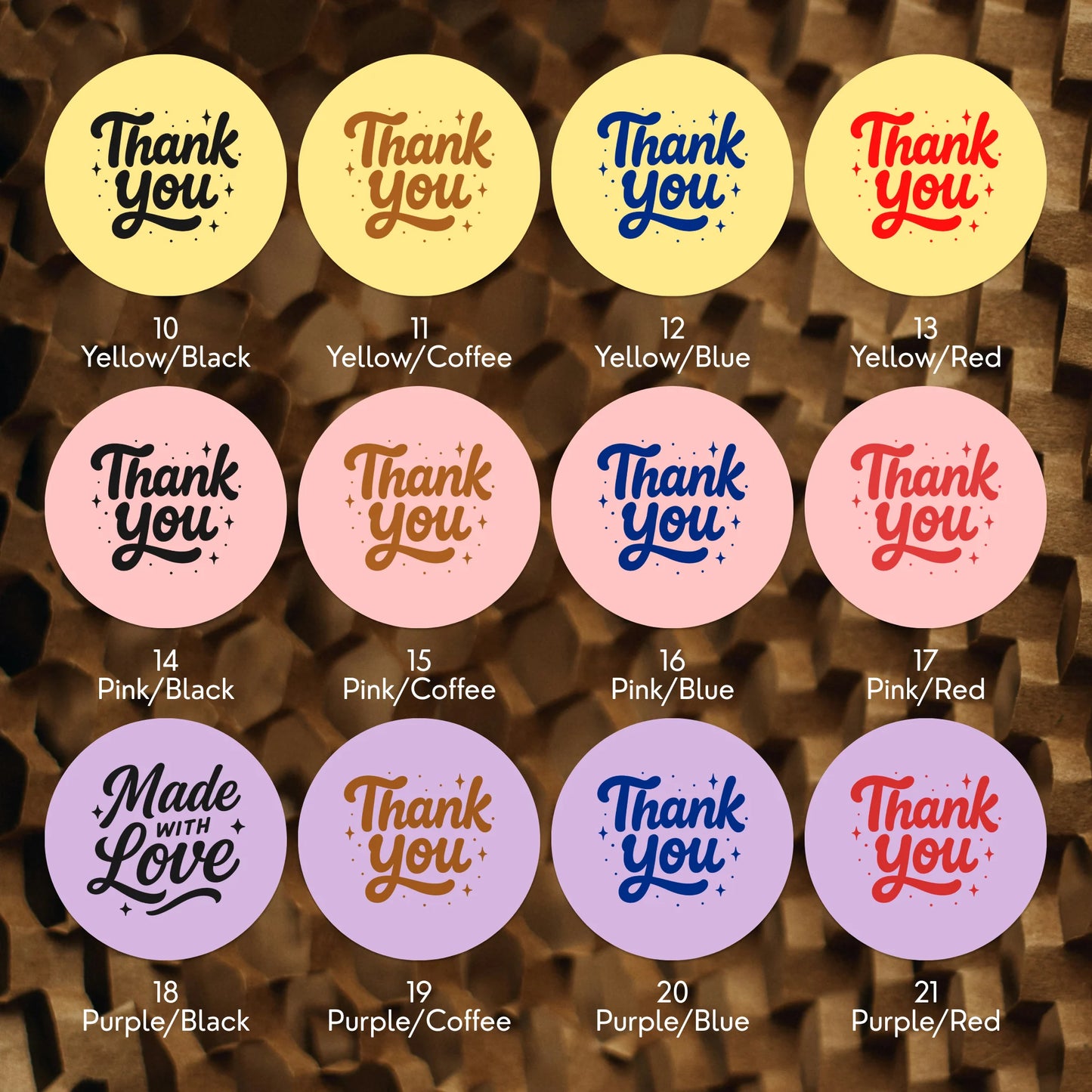 Varikit 2-inch round Spencerian Cursive sticker color chart, pink, purple and yellow paper options.