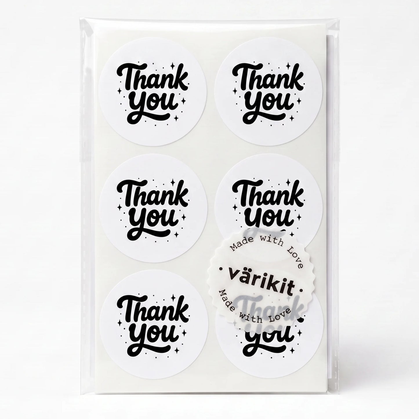 black ink on white paper, 2-inch round vintage labels, stars and dots accents.