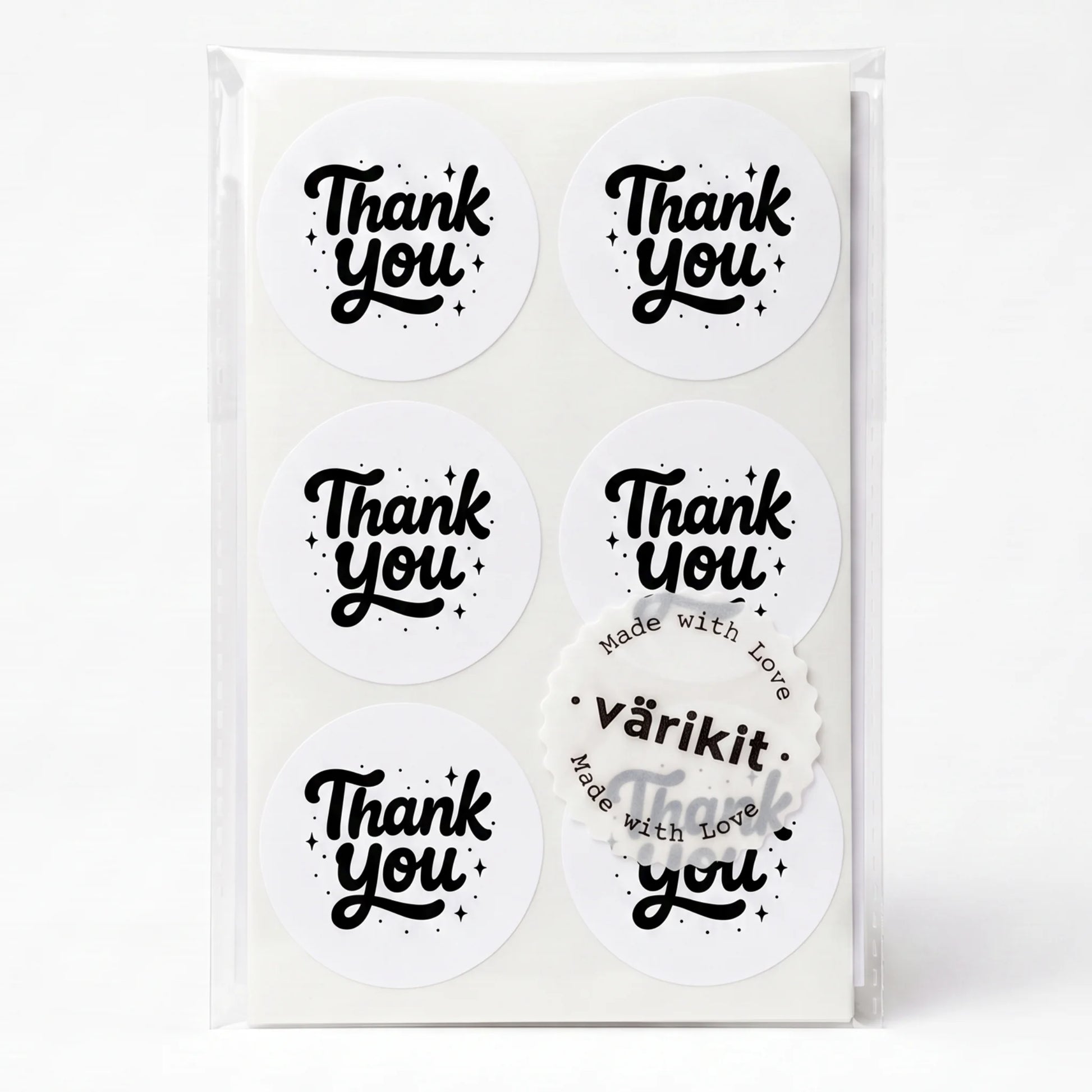 black ink on white paper, 2-inch round vintage labels, stars and dots accents.