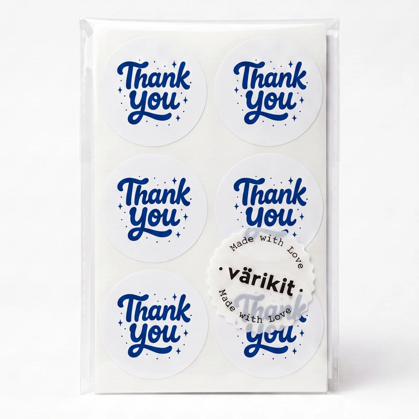 blue ink on white paper, 2-inch round vintage labels, classic american lettering.
