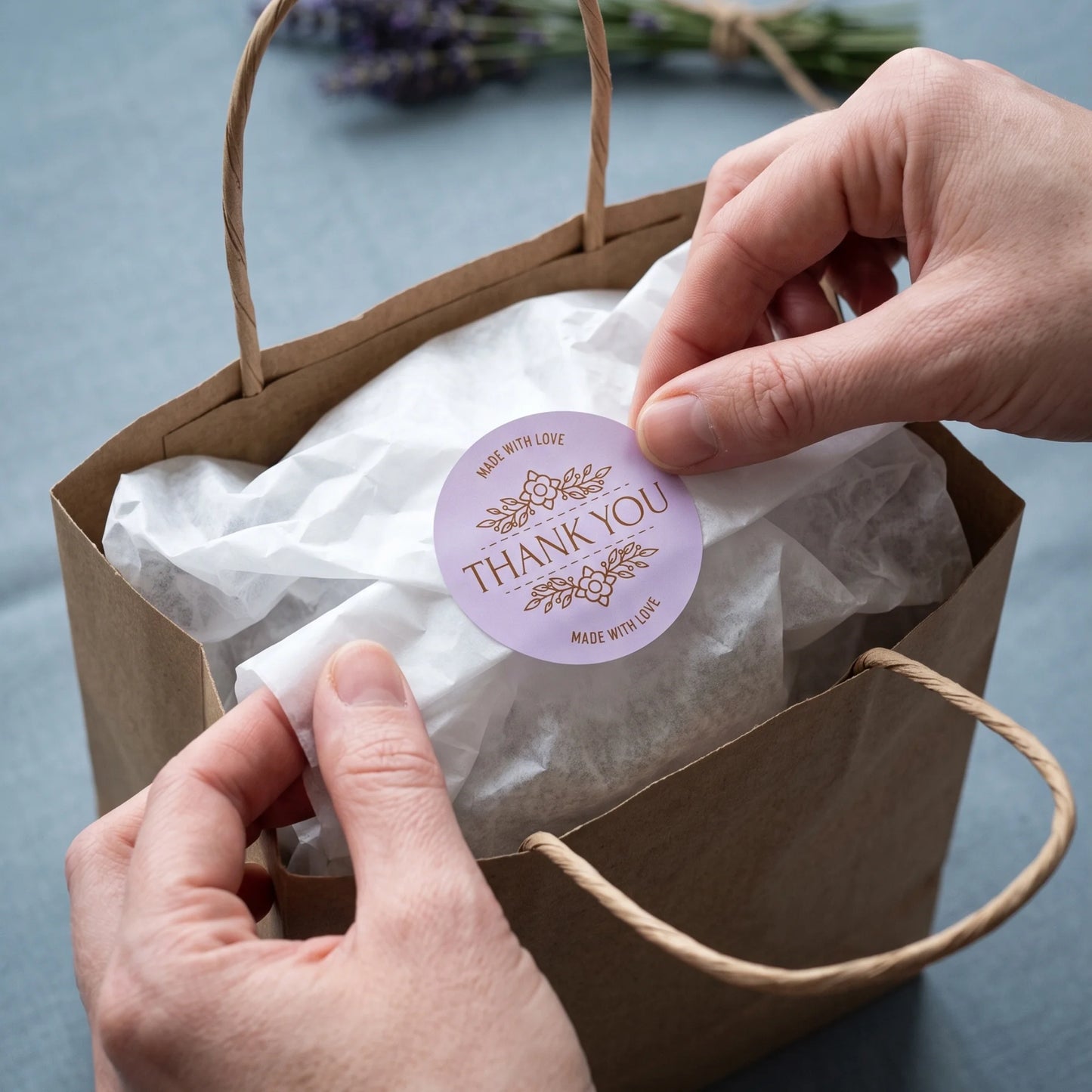 Botanische Made With Love Aufkleber für kleine Unternehmen, Lavendelstrauß-Bindung, 2 Zoll rund, 60 Etiketten | Varikit