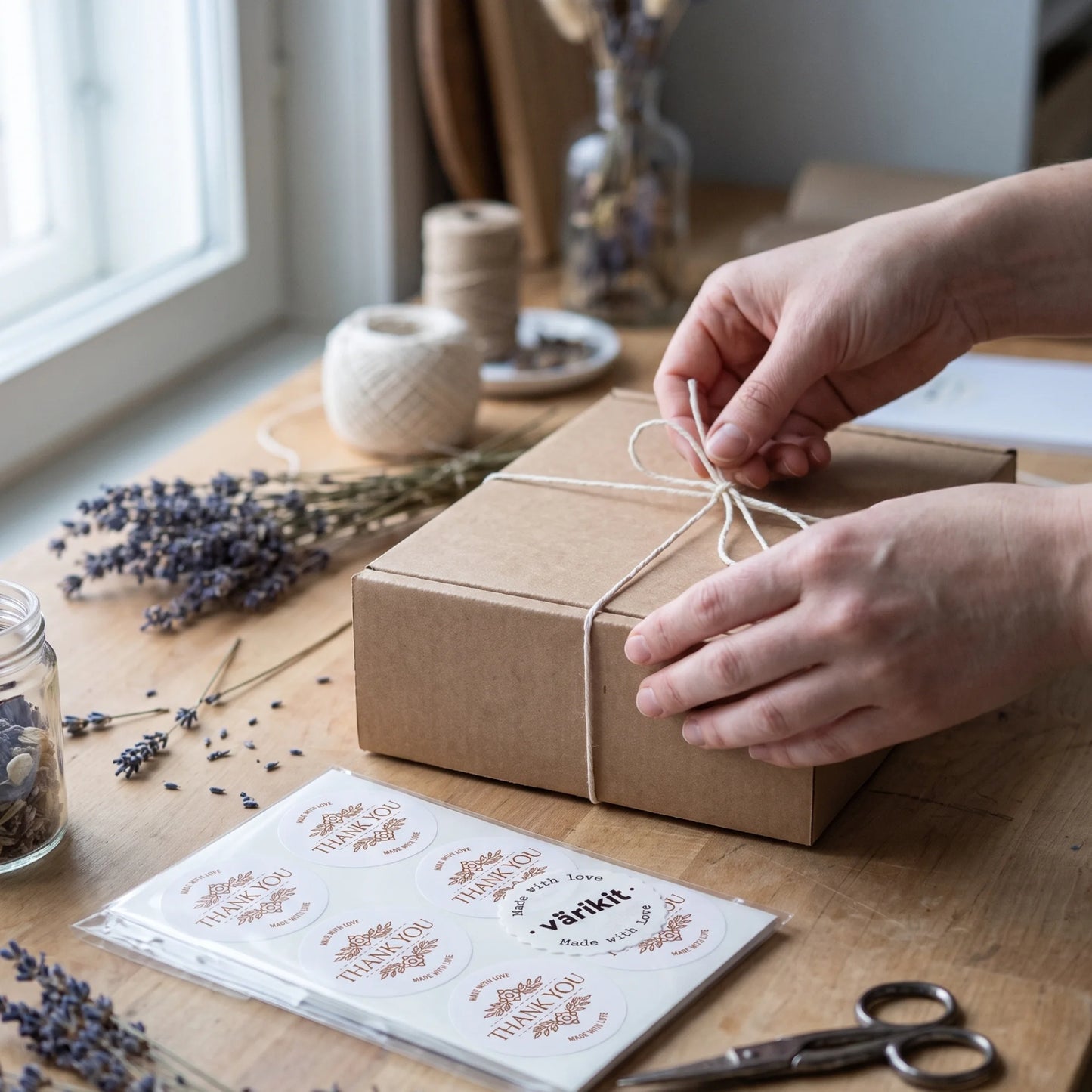 Botanische Made With Love Aufkleber für kleine Unternehmen, Lavendelstrauß-Bindung, 2 Zoll rund, 60 Etiketten | Varikit