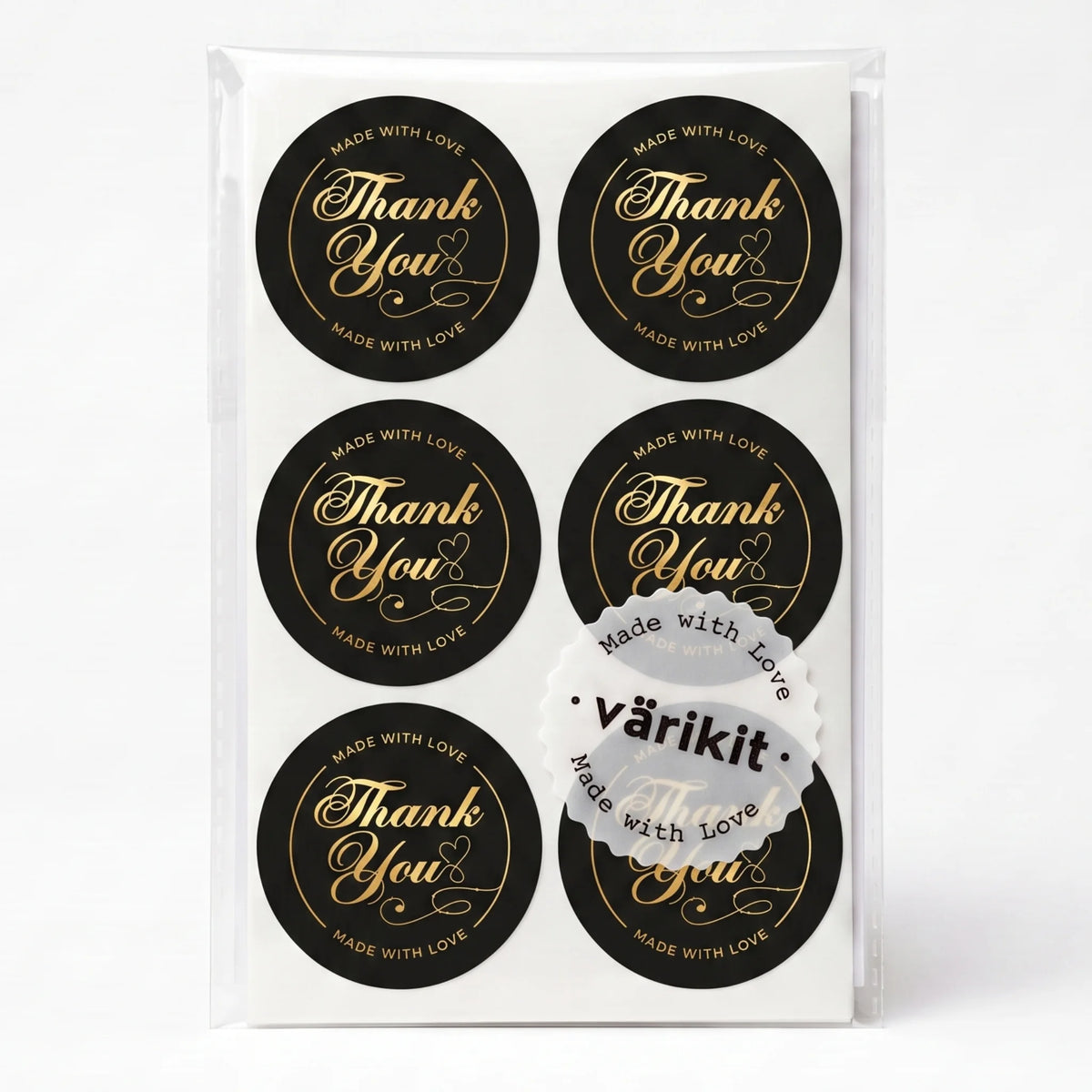 gold foil on black paper, 2-inch round typography, elegant cursive thank you script.