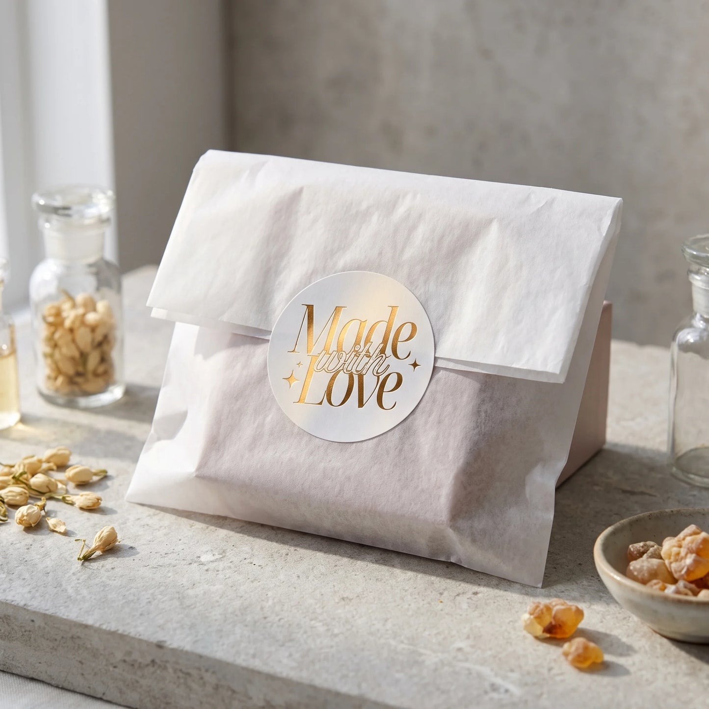 Autocollants « Elegant Luxe Made With Love » pour petites entreprises, script sophistiqué, ronds de 5 cm, 60 étiquettes | Varikit