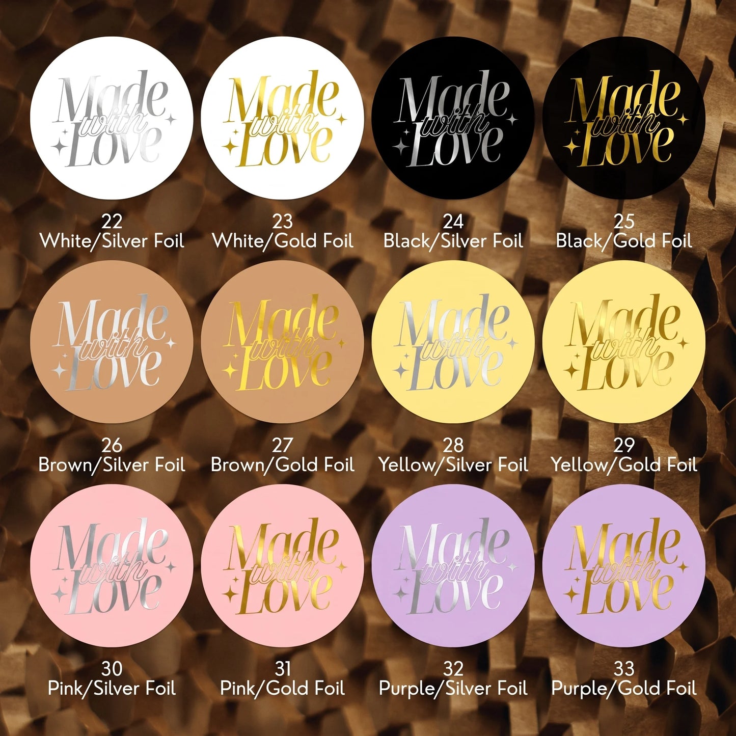 Autocollants « Elegant Luxe Made With Love » pour petites entreprises, script sophistiqué, ronds de 5 cm, 60 étiquettes | Varikit