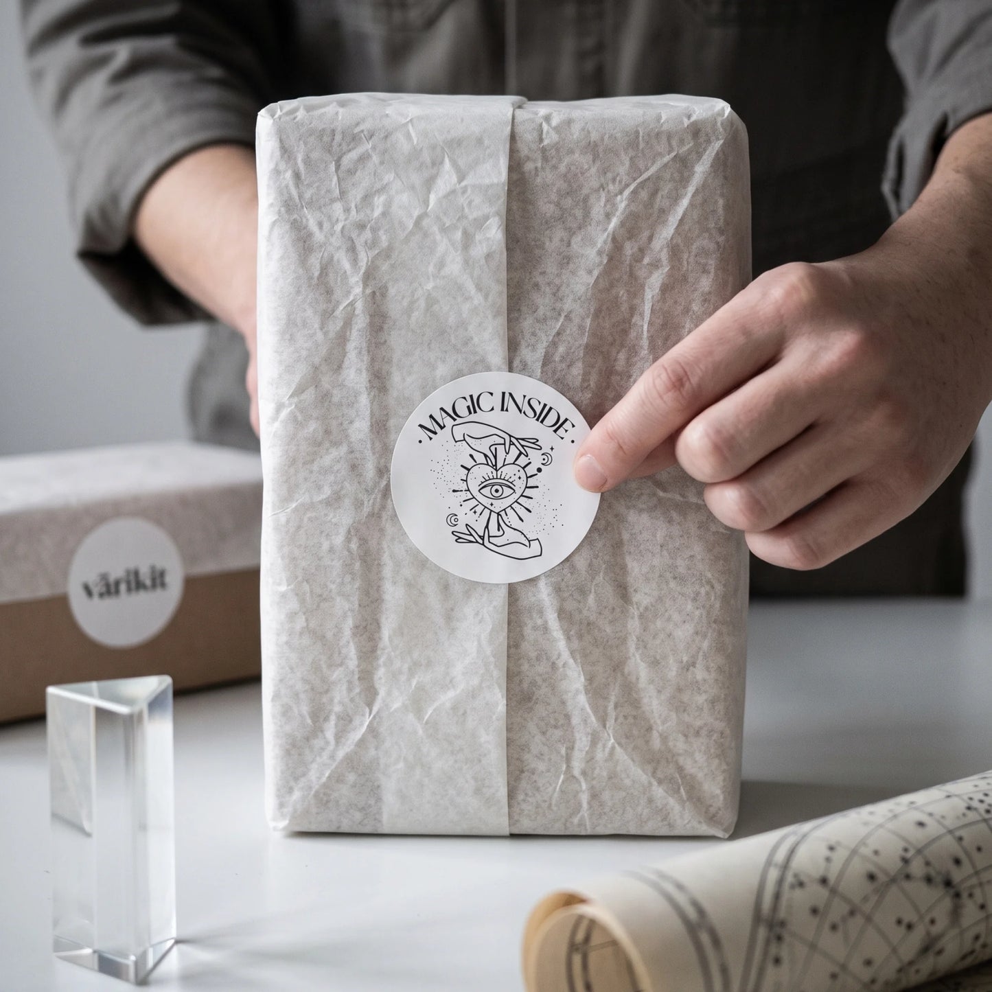 Pegatinas «Magia en el interior» para pequeñas empresas, mano y ojo celestiales, redondas de 2 pulgadas, 60 etiquetas | Varikit