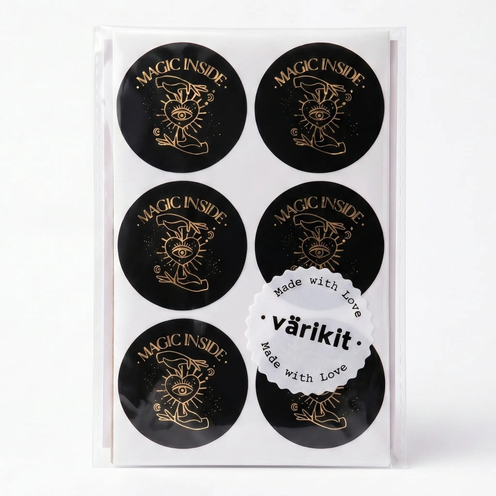 Black and gold foil celestial hand and eye magic inside sticker