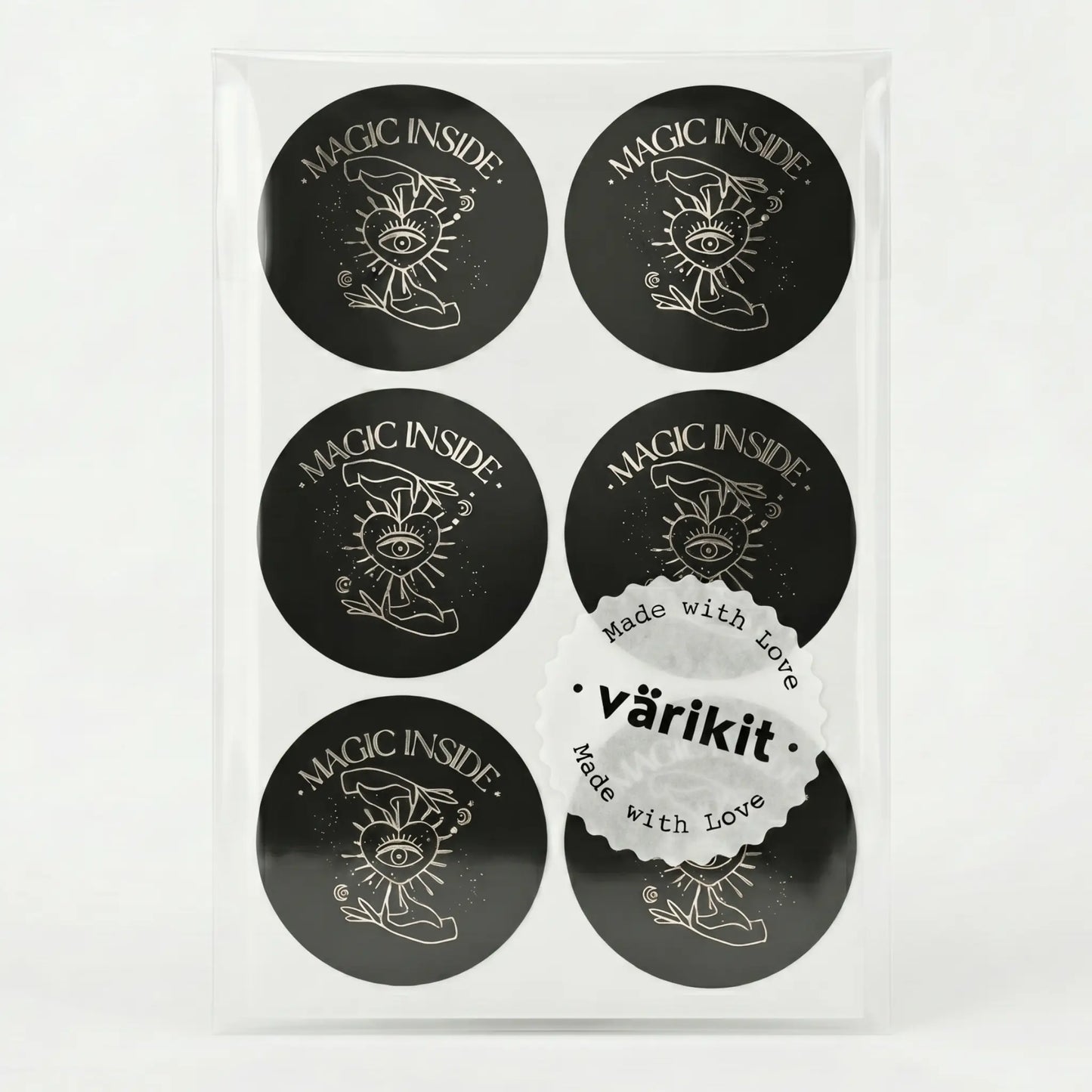 Small business magic inside sticker featuring celestial hand and eye design
